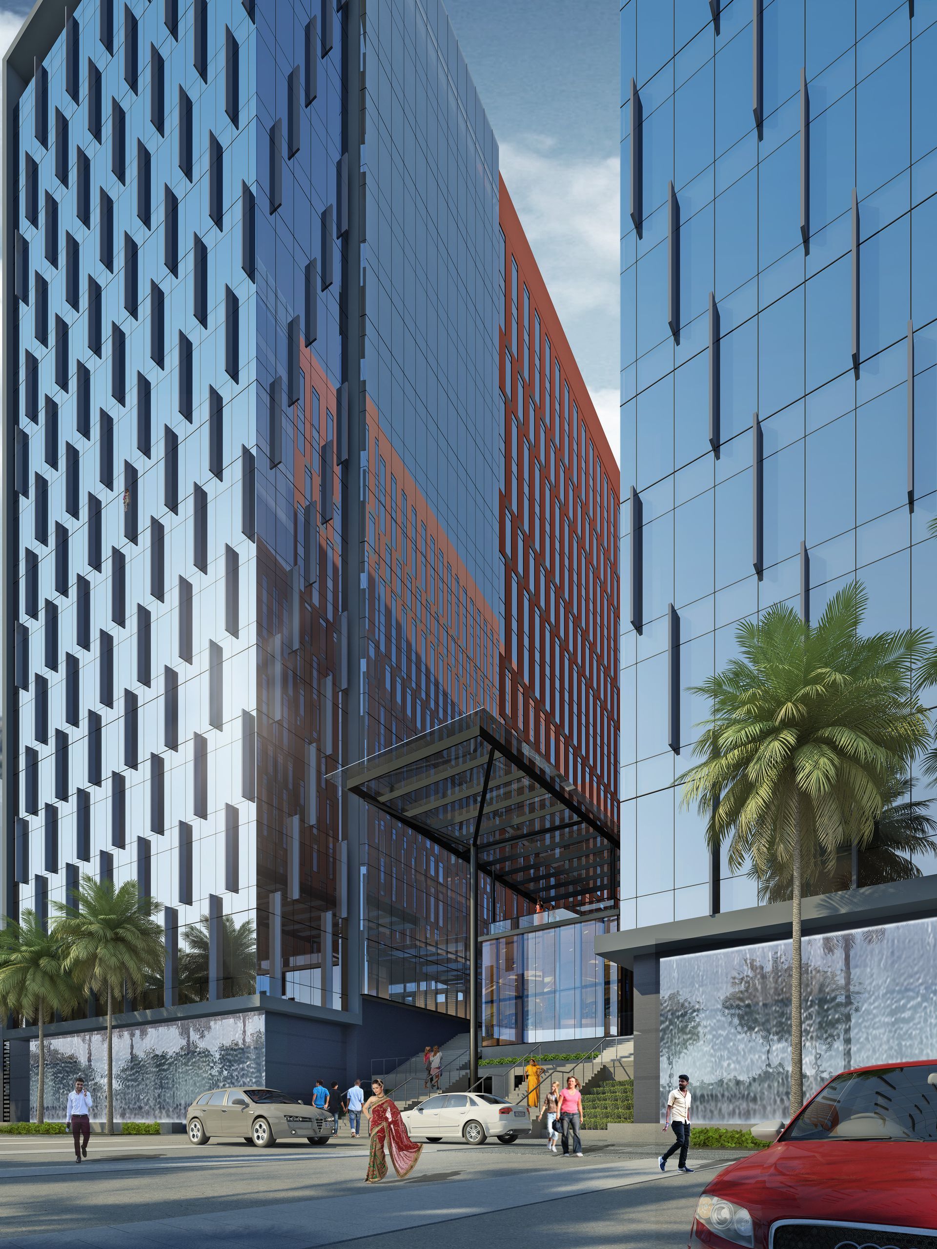 A red car is parked in front of a tall building