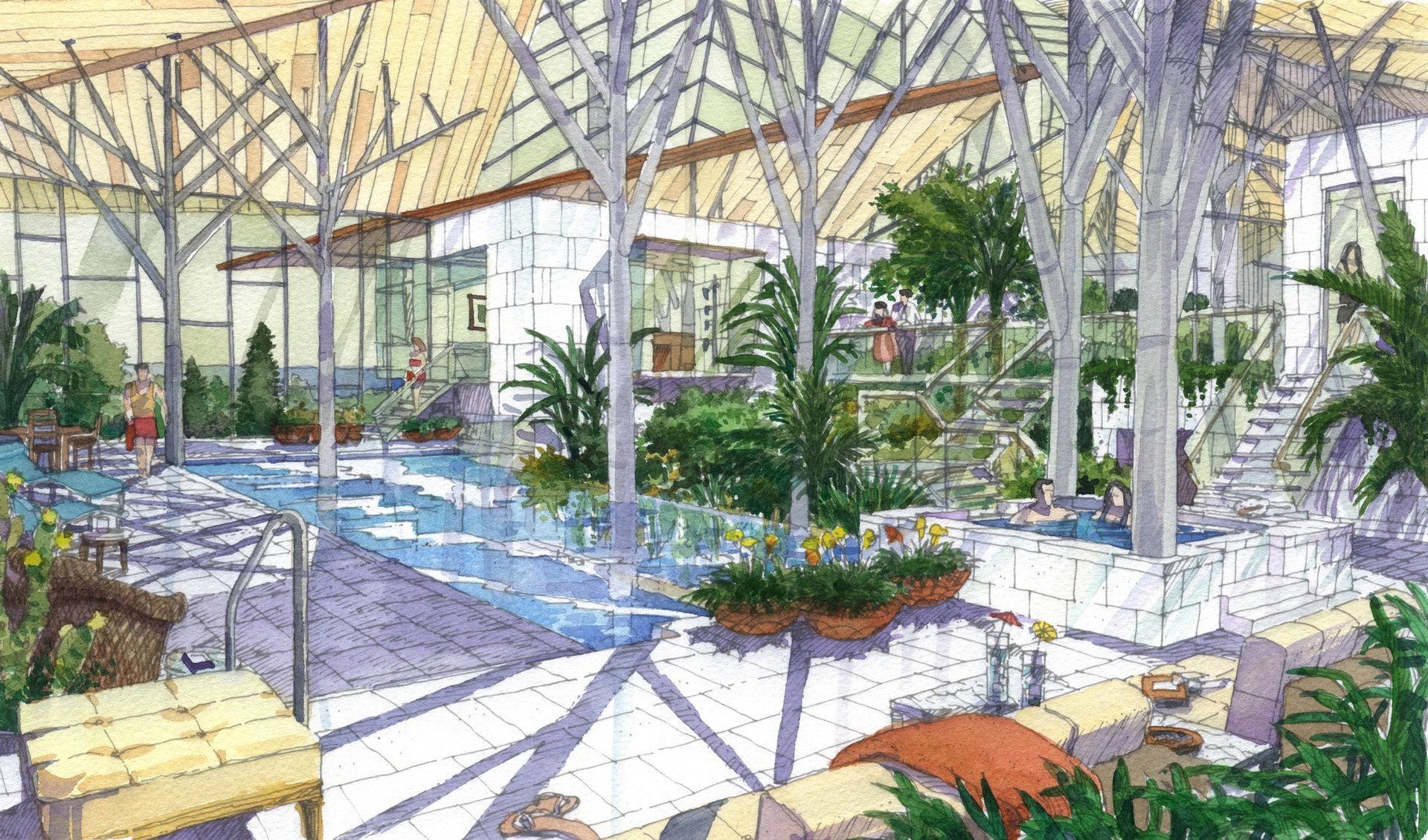 An artist 's impression of a building with a pool and trees.
