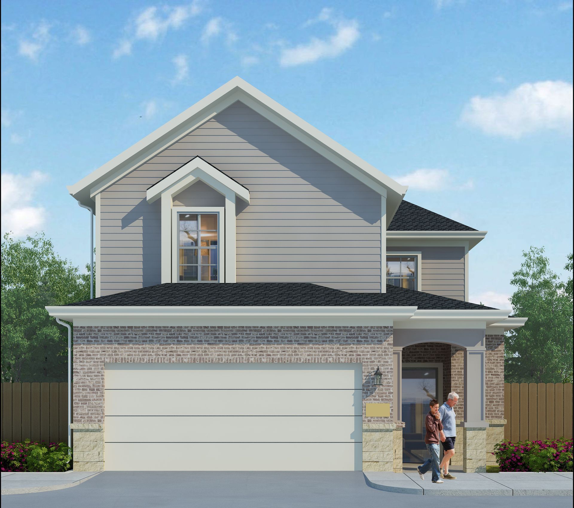 An artist 's impression of a house with a white garage door