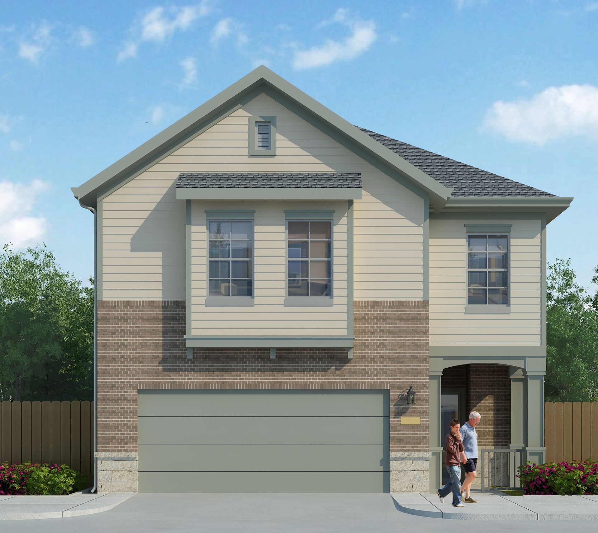 A couple walking in front of a house with a garage