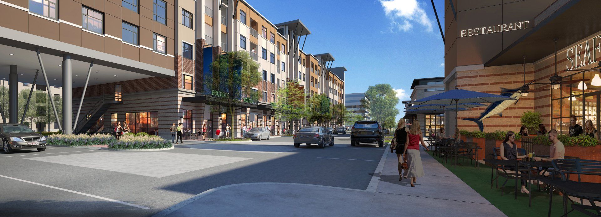 An artist 's impression of a city street with a restaurant in the background.