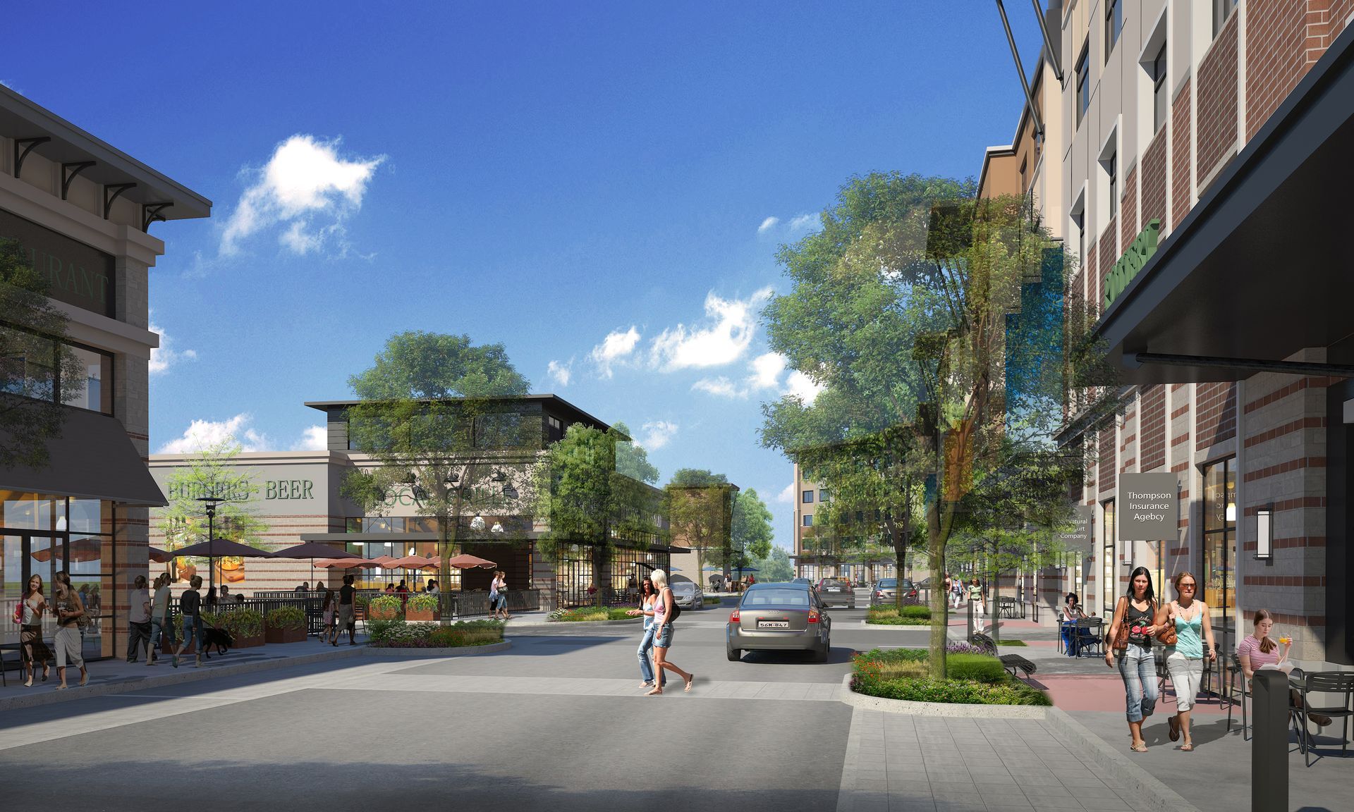 An artist 's impression of a city street with people walking down it.