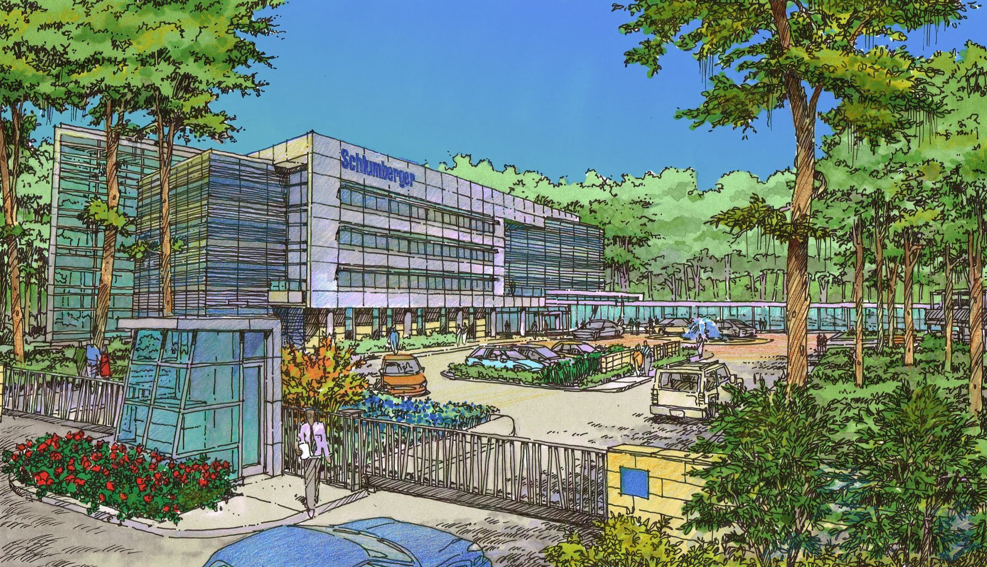 A drawing of a large building with trees in the background