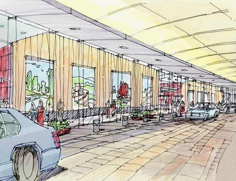 A drawing of a building with cars parked in front of it