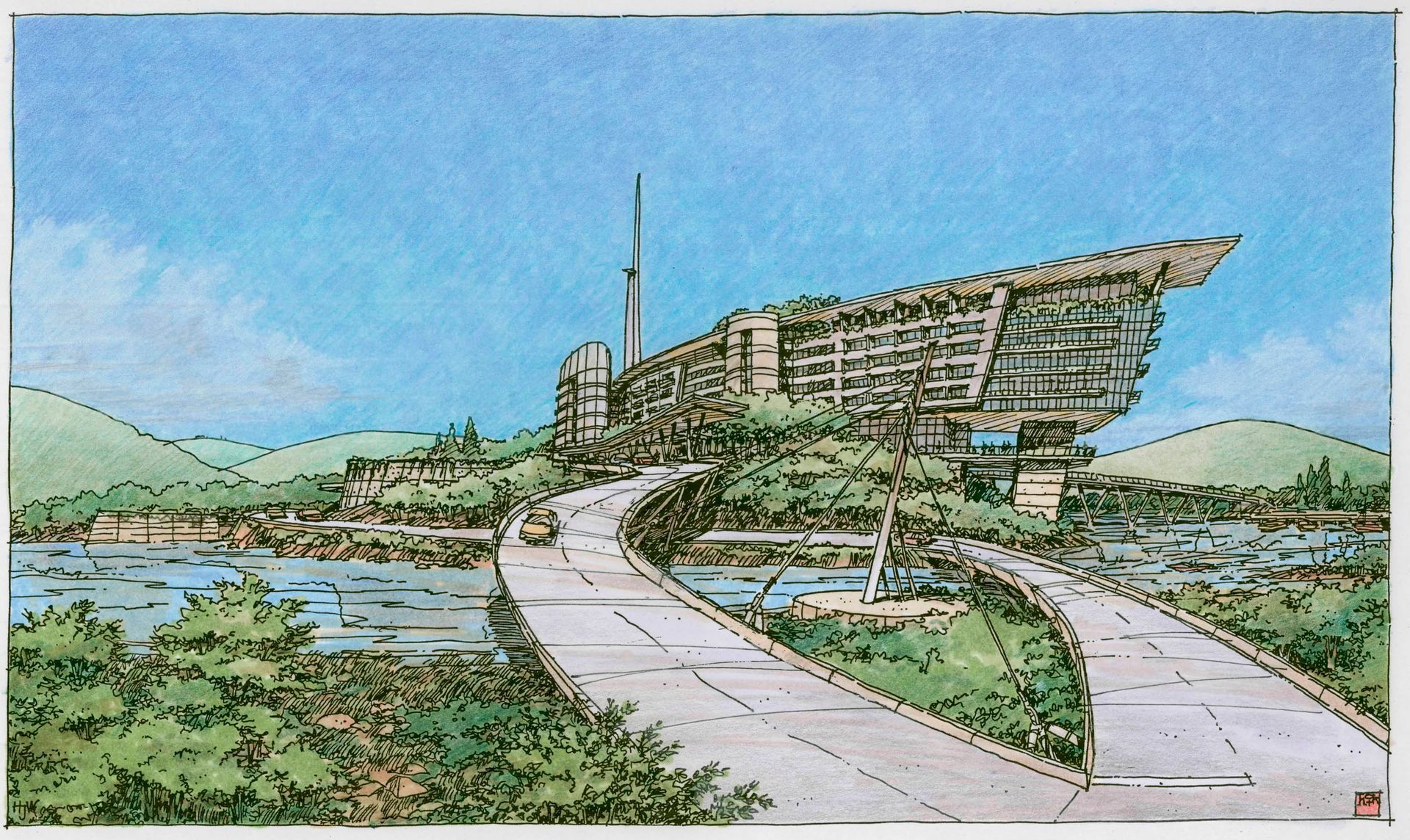 A drawing of a road with a building in the background