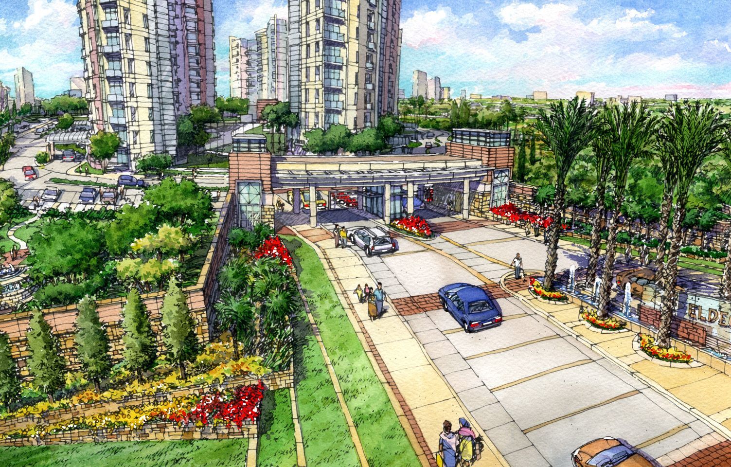 An artist 's impression of a parking lot with cars parked on the side of the road.