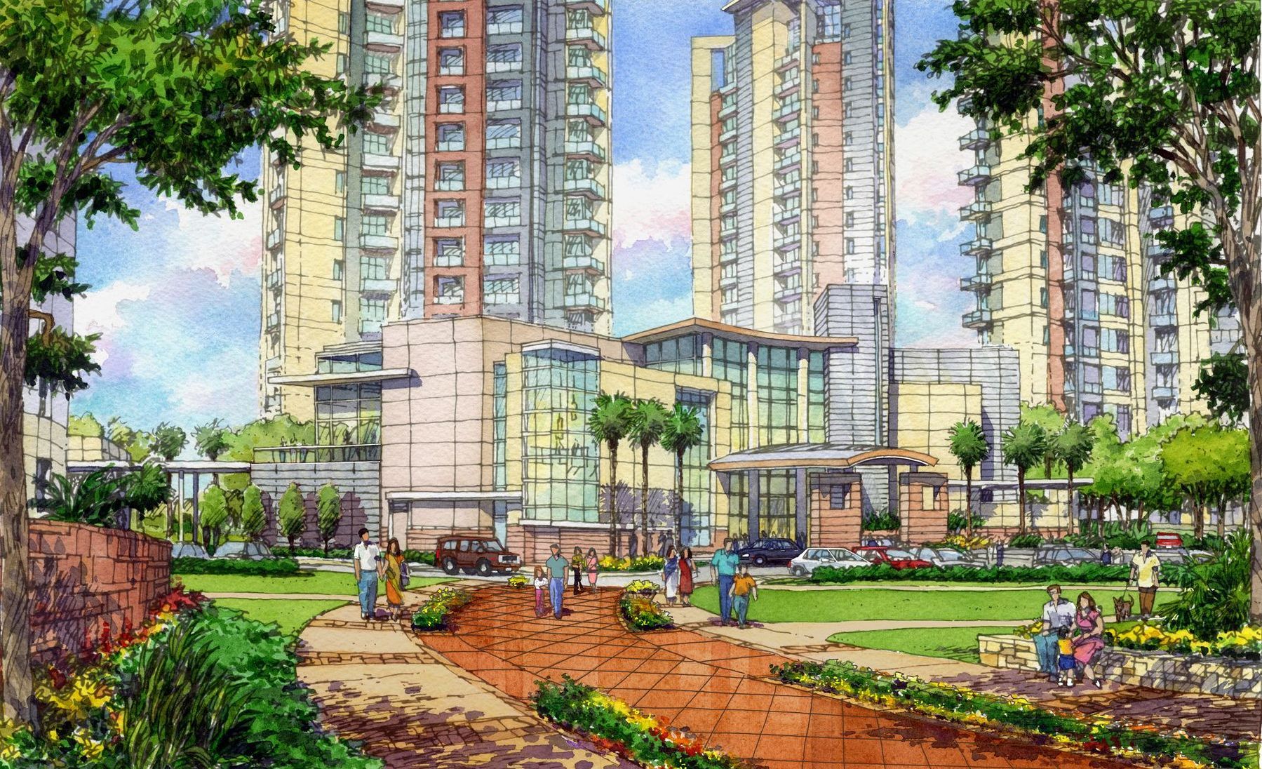 An artist 's impression of a park with tall buildings in the background.