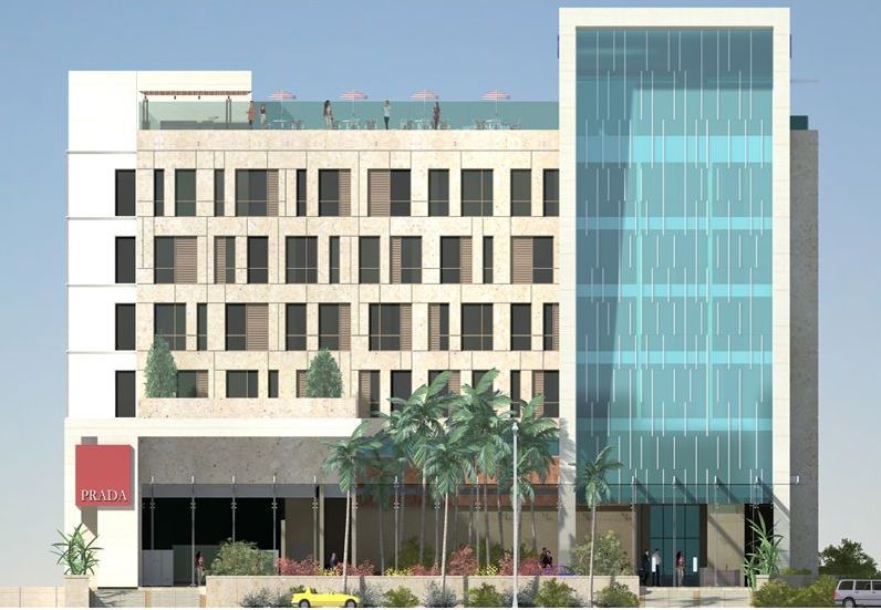 An artist 's impression of a hotel with a swimming pool