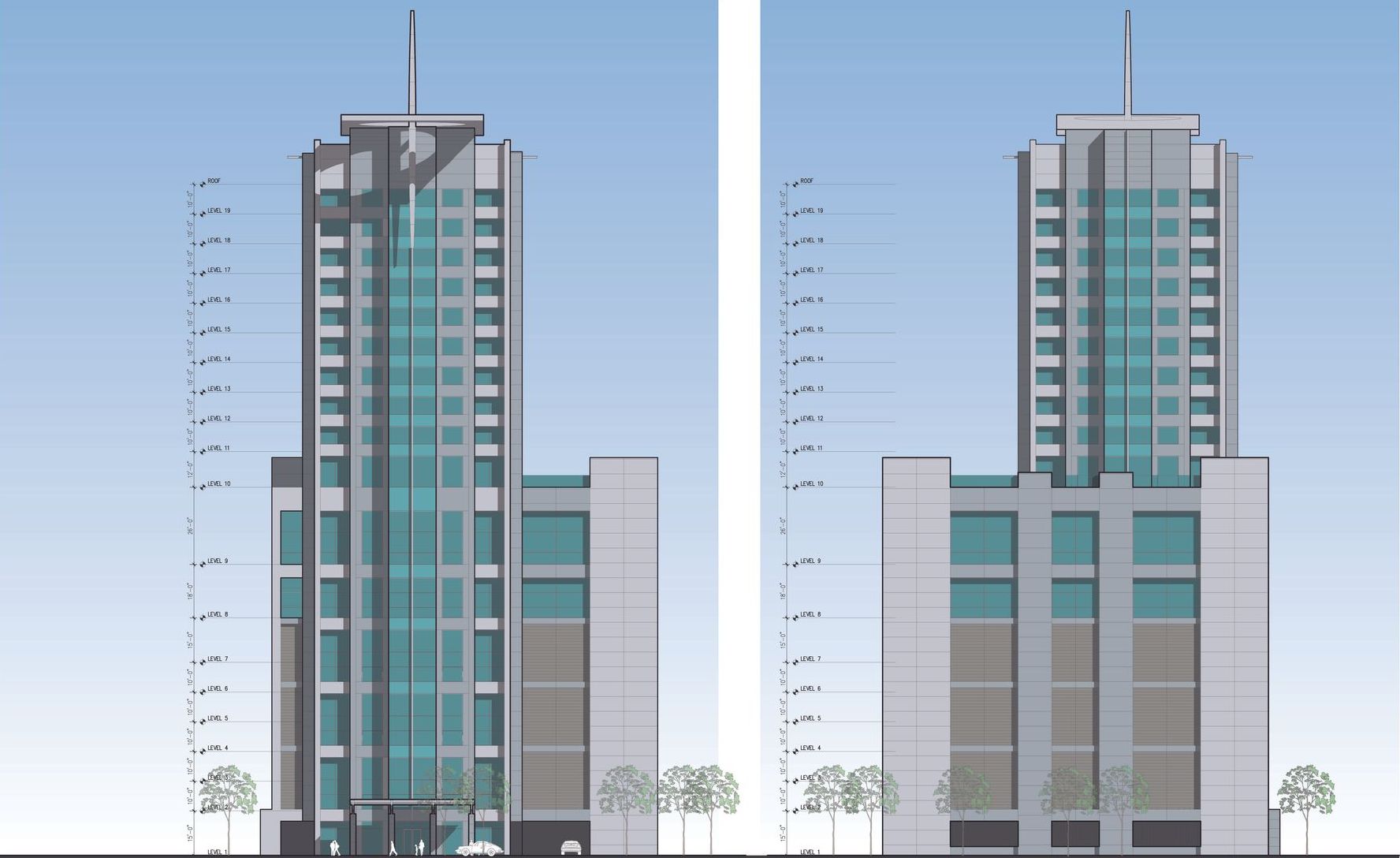 Two drawings of a tall building with a blue sky in the background