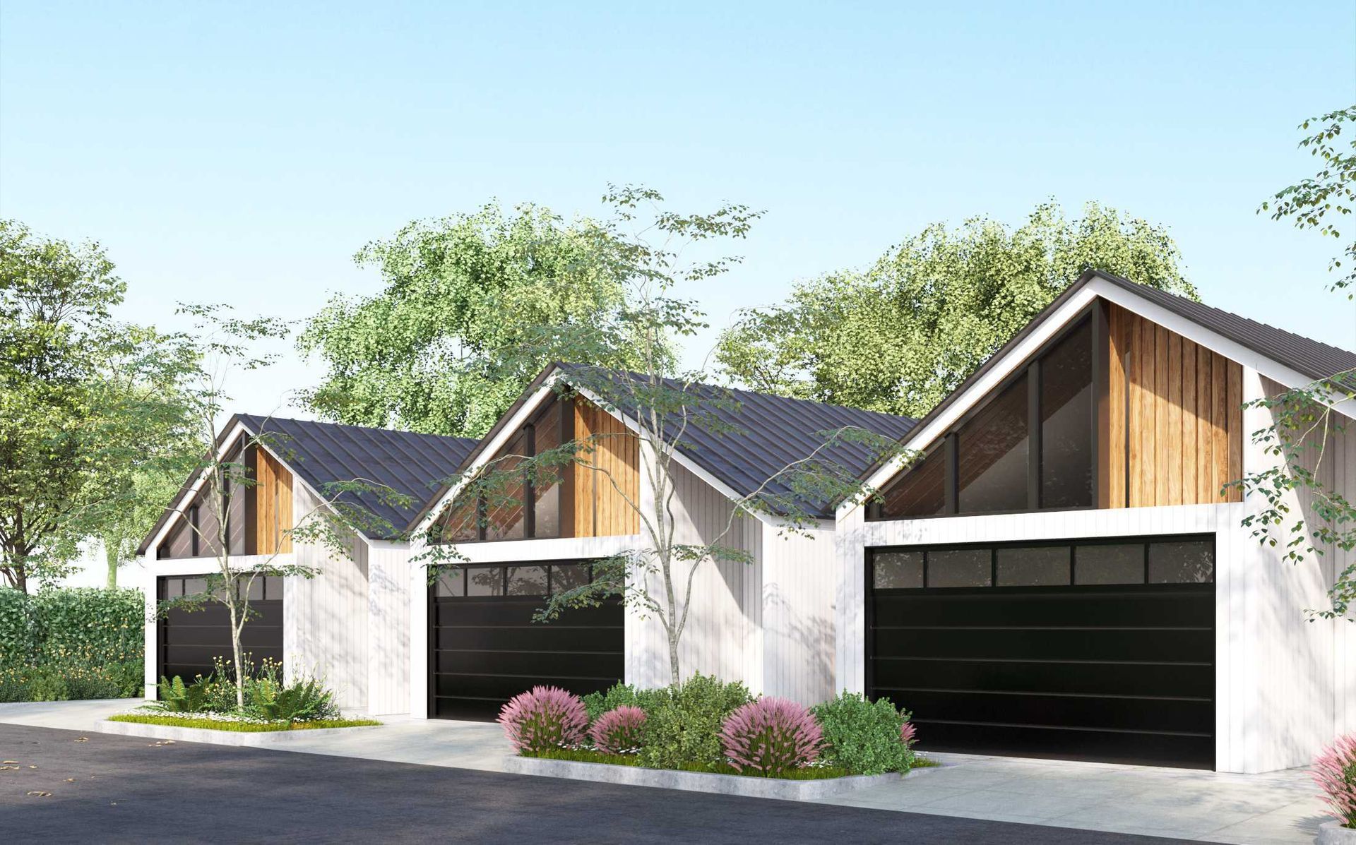 An artist 's impression of a row of houses with black garage doors.
