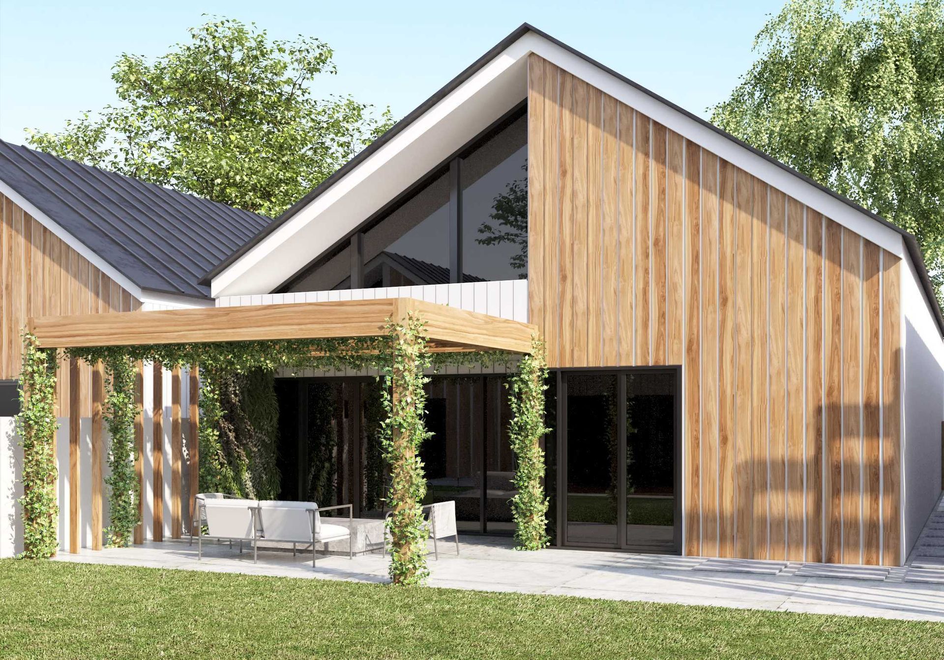 A modern house with a wooden facade and a black roof.