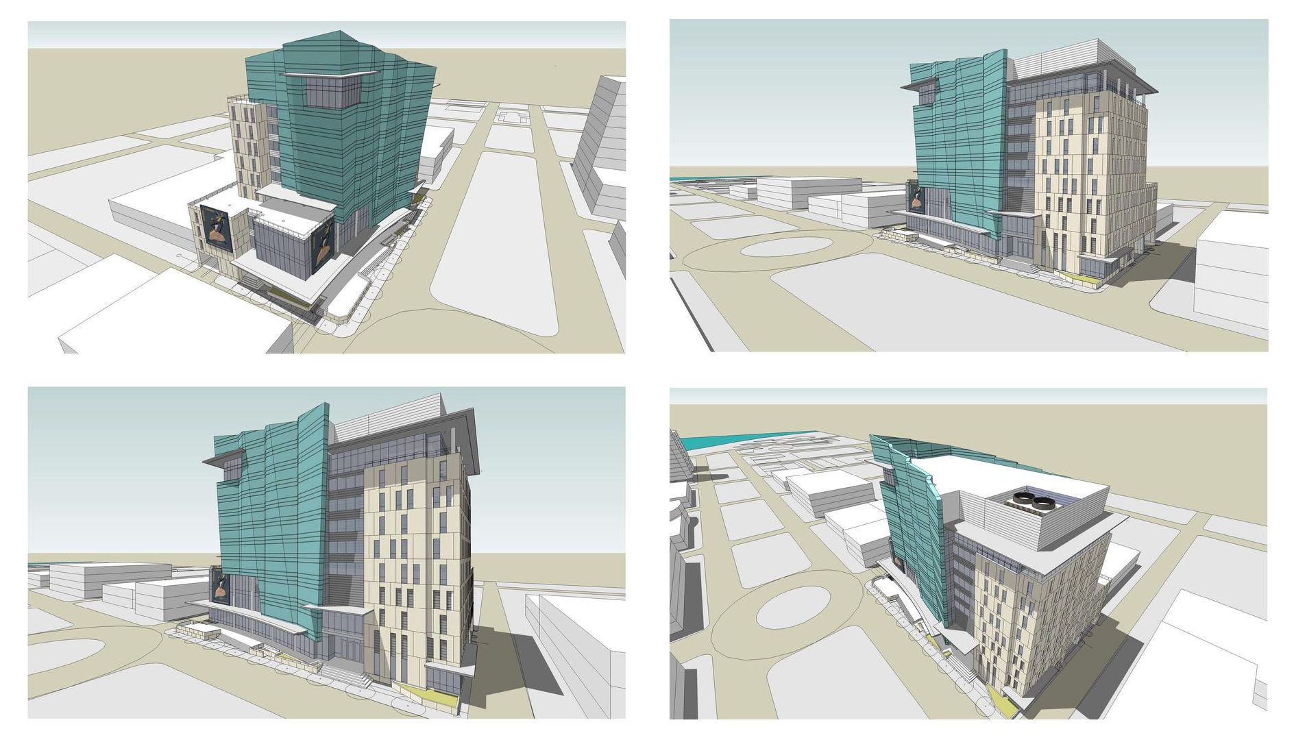 Four aerial views of a building in a city
