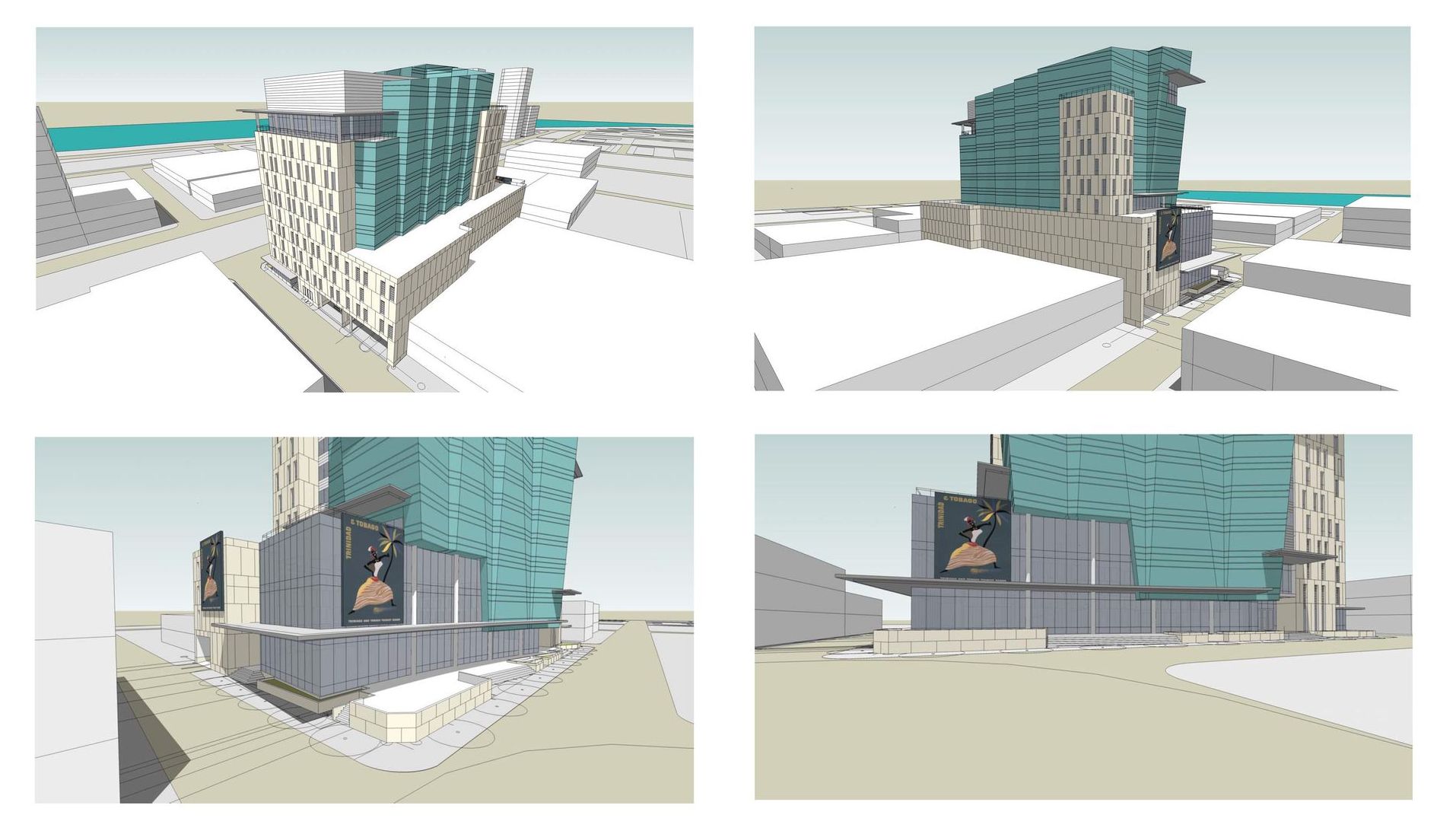 A set of four drawings of a building in a city