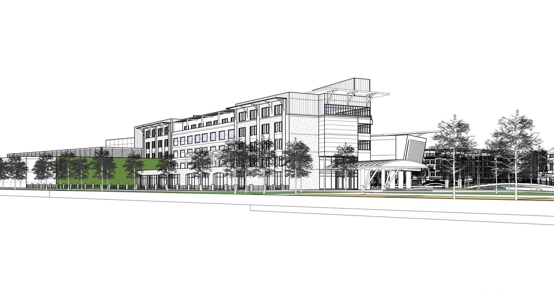 A black and white drawing of a large building with trees in front of it.