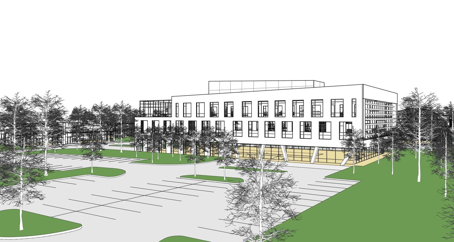 A black and white drawing of a large building surrounded by trees.