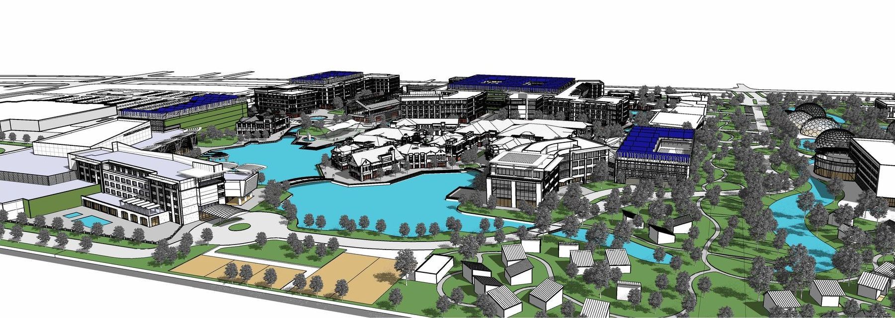 An aerial view of a large park with lots of buildings and trees.