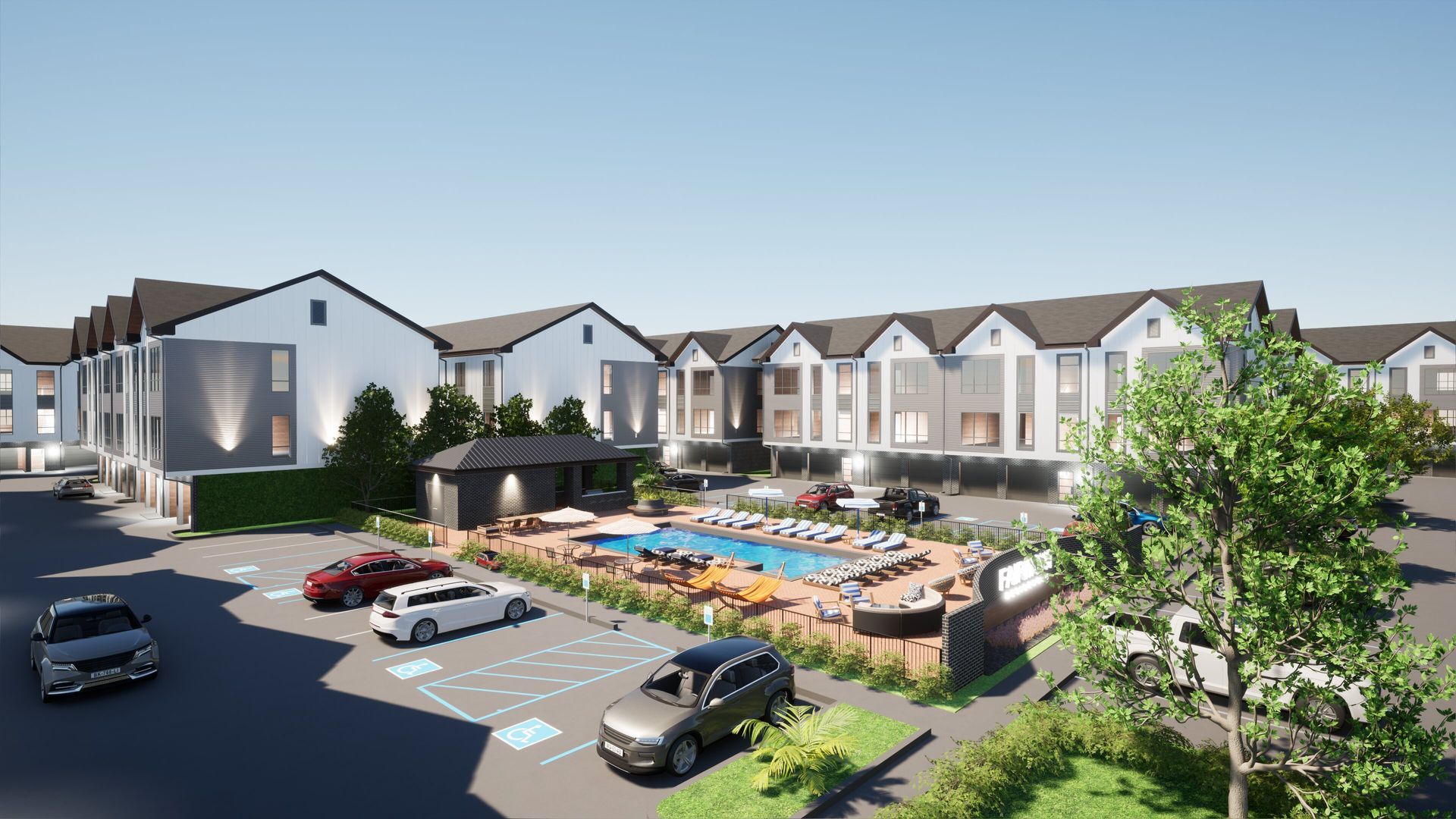 An artist 's impression of a new apartment complex with a swimming pool.