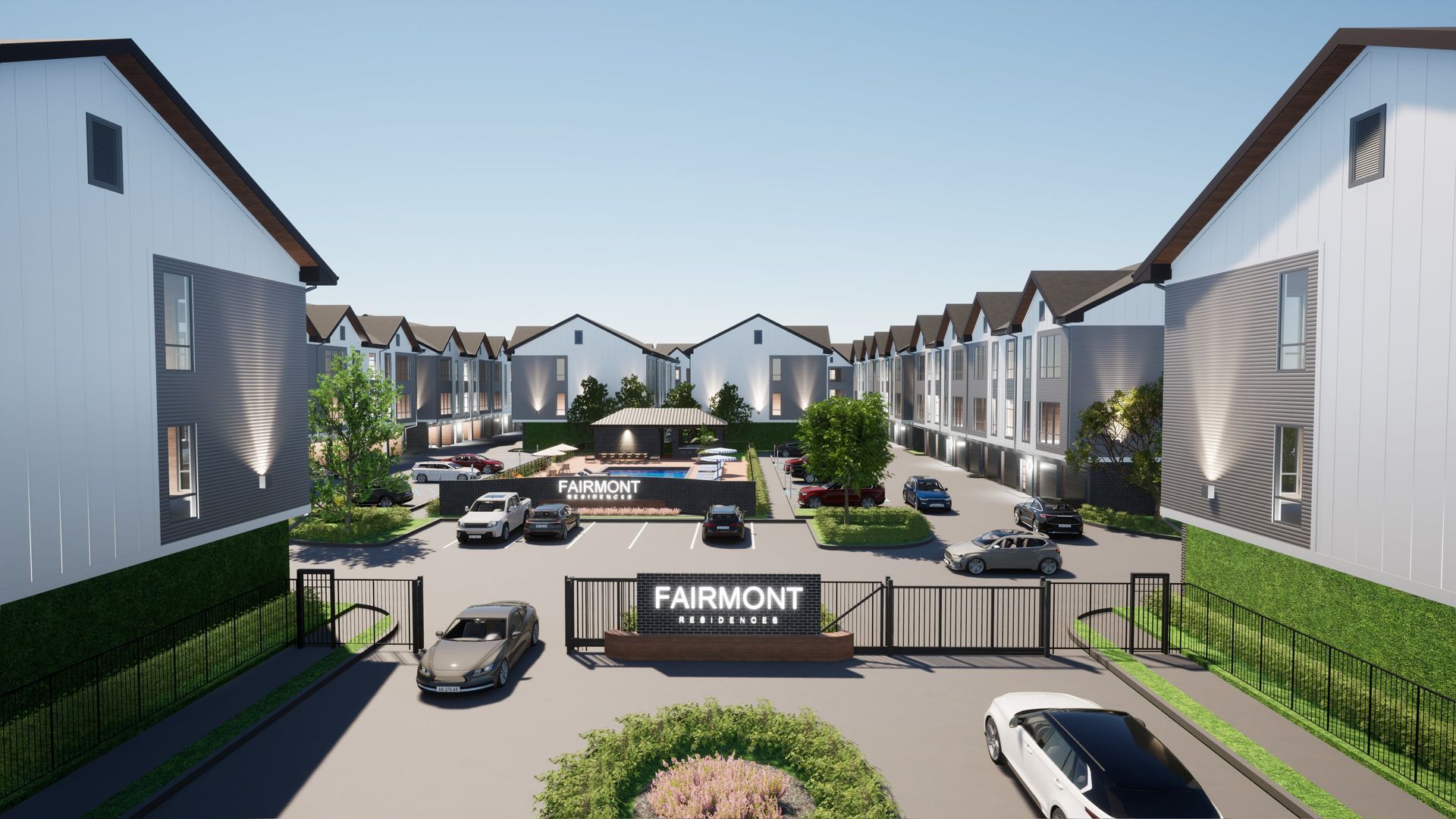 An artist 's impression of a apartment complex with cars parked in front of it.