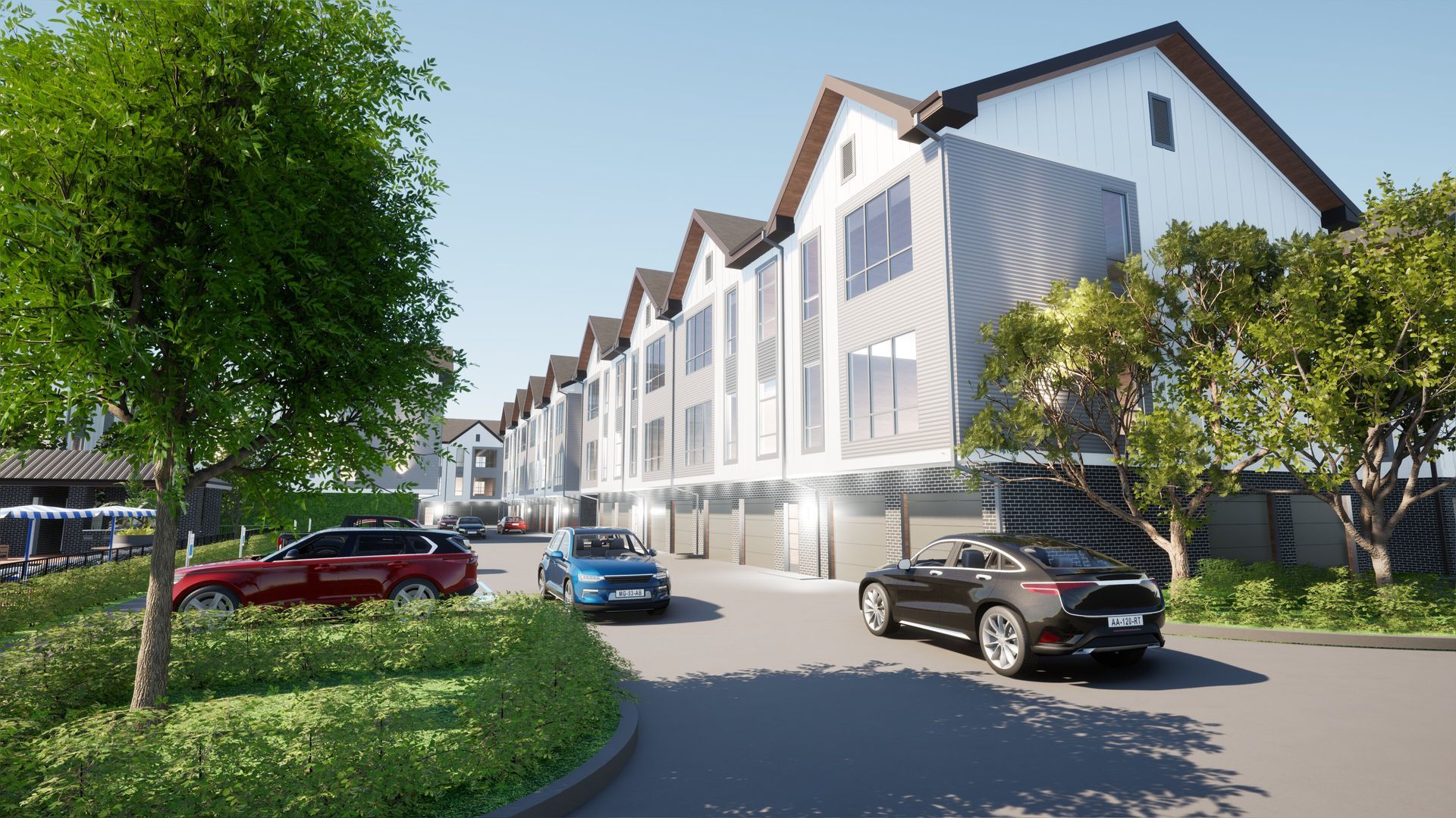 A rendering of a row of houses with cars parked in front of them.