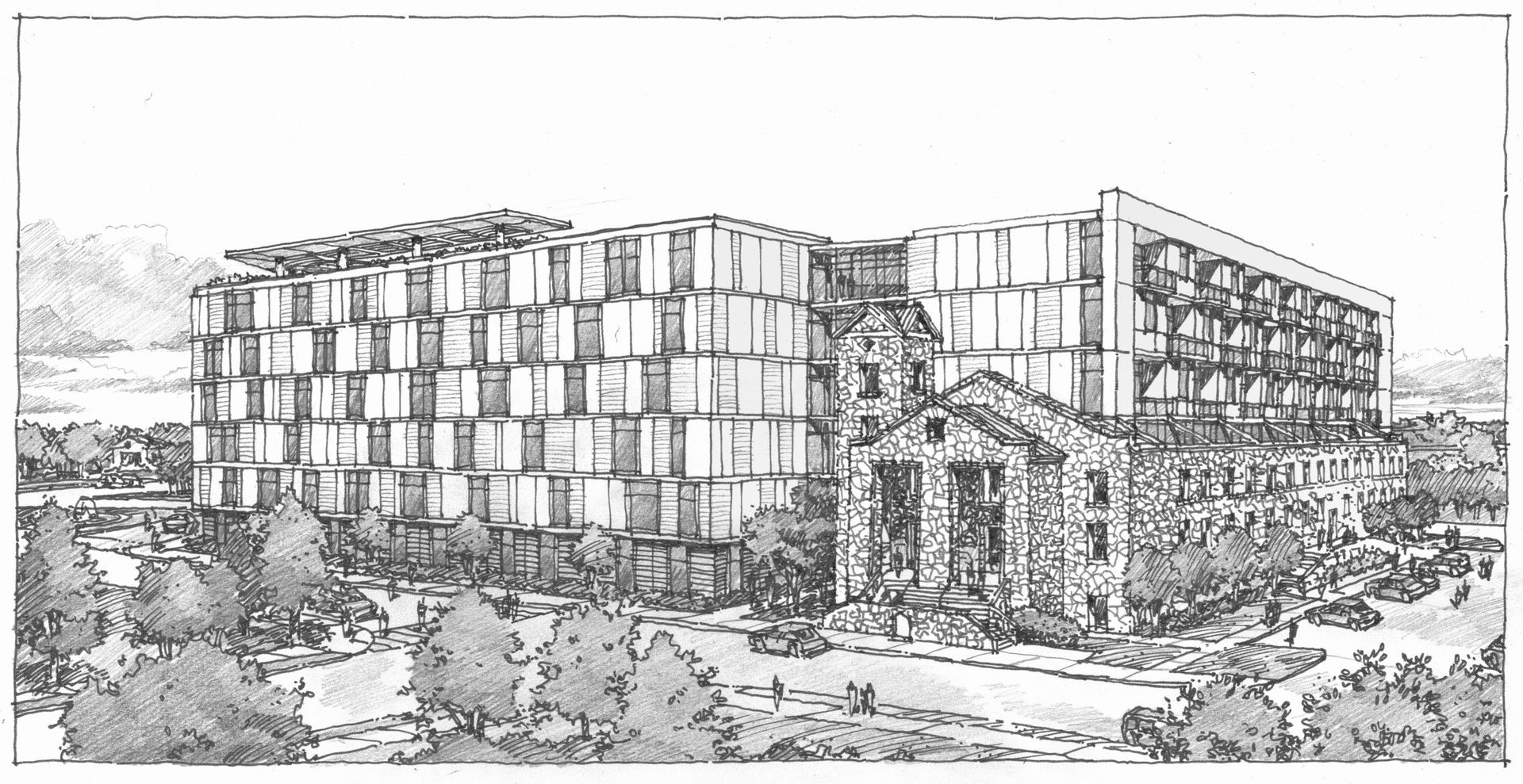 A black and white drawing of a large building surrounded by trees.