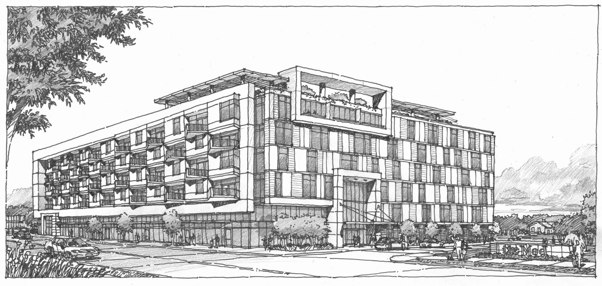 A black and white drawing of a large building with a lot of windows