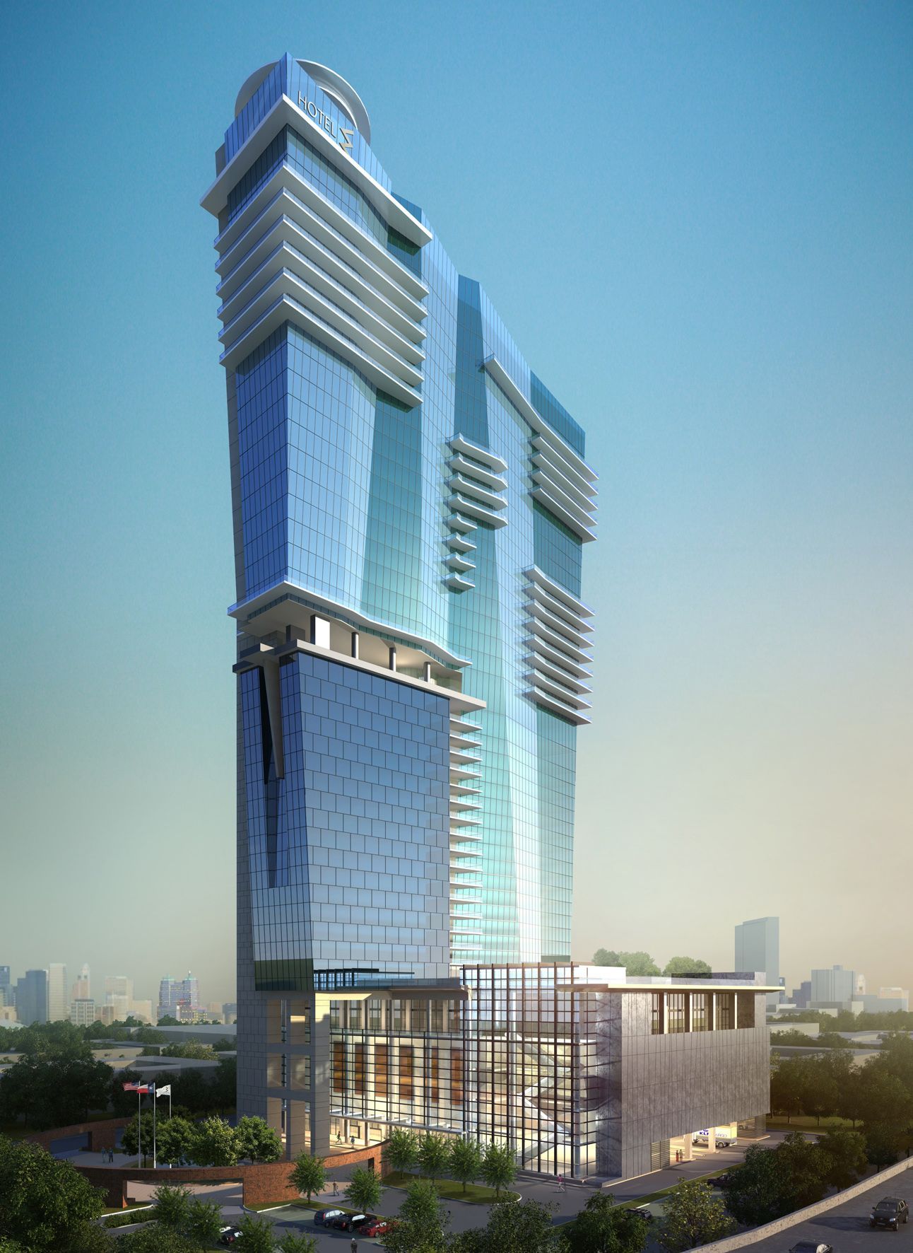 An artist 's impression of a tall building in a city.