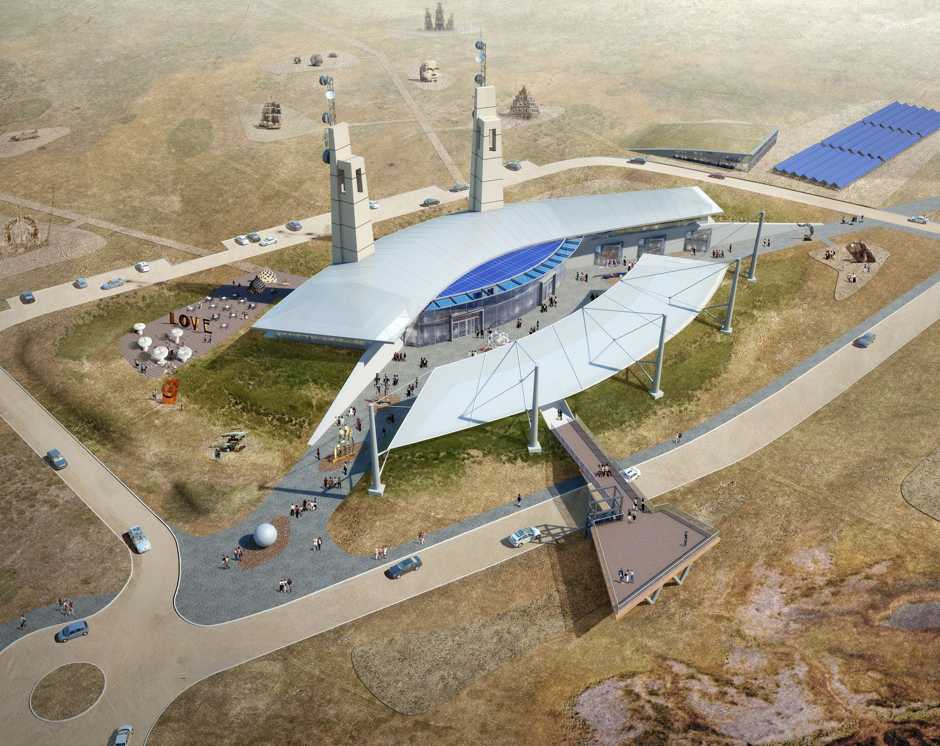 An aerial view of a large building in the middle of a desert