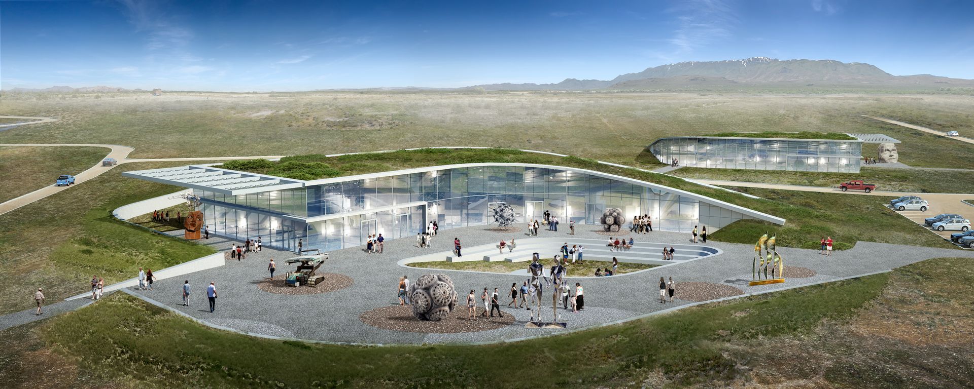 An artist 's impression of a large building in the middle of a field.