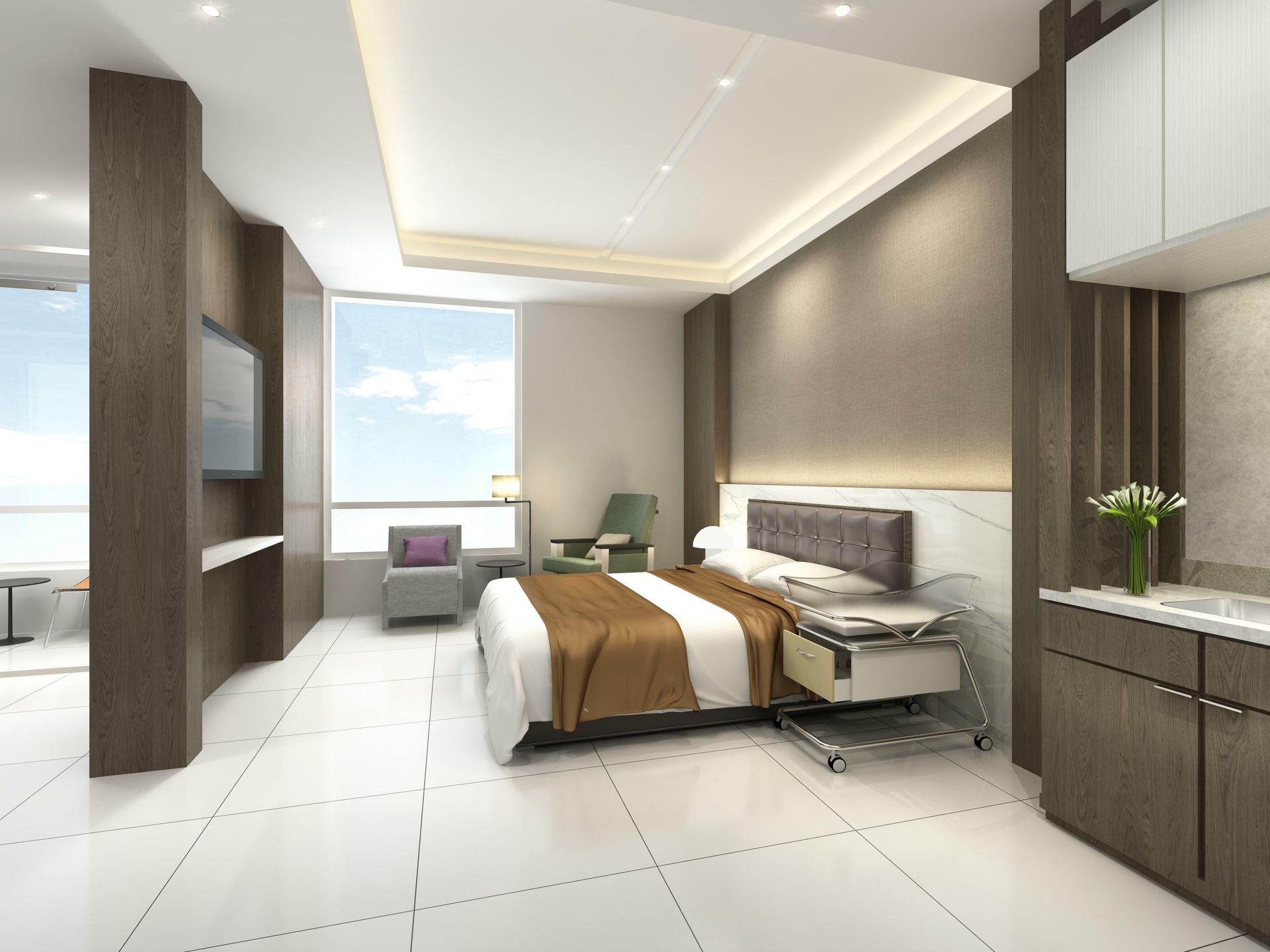 An artist 's impression of a hospital room with a large bed