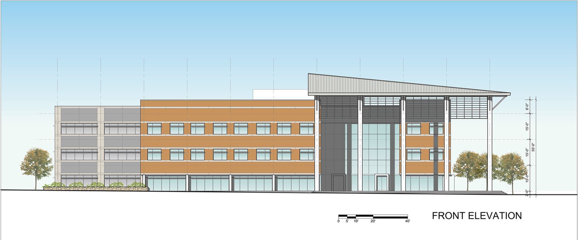 An architectural drawing of a large building with a blue sky in the background