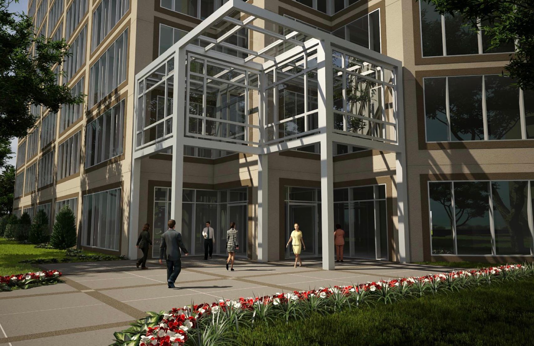 A group of people are walking in front of a large building