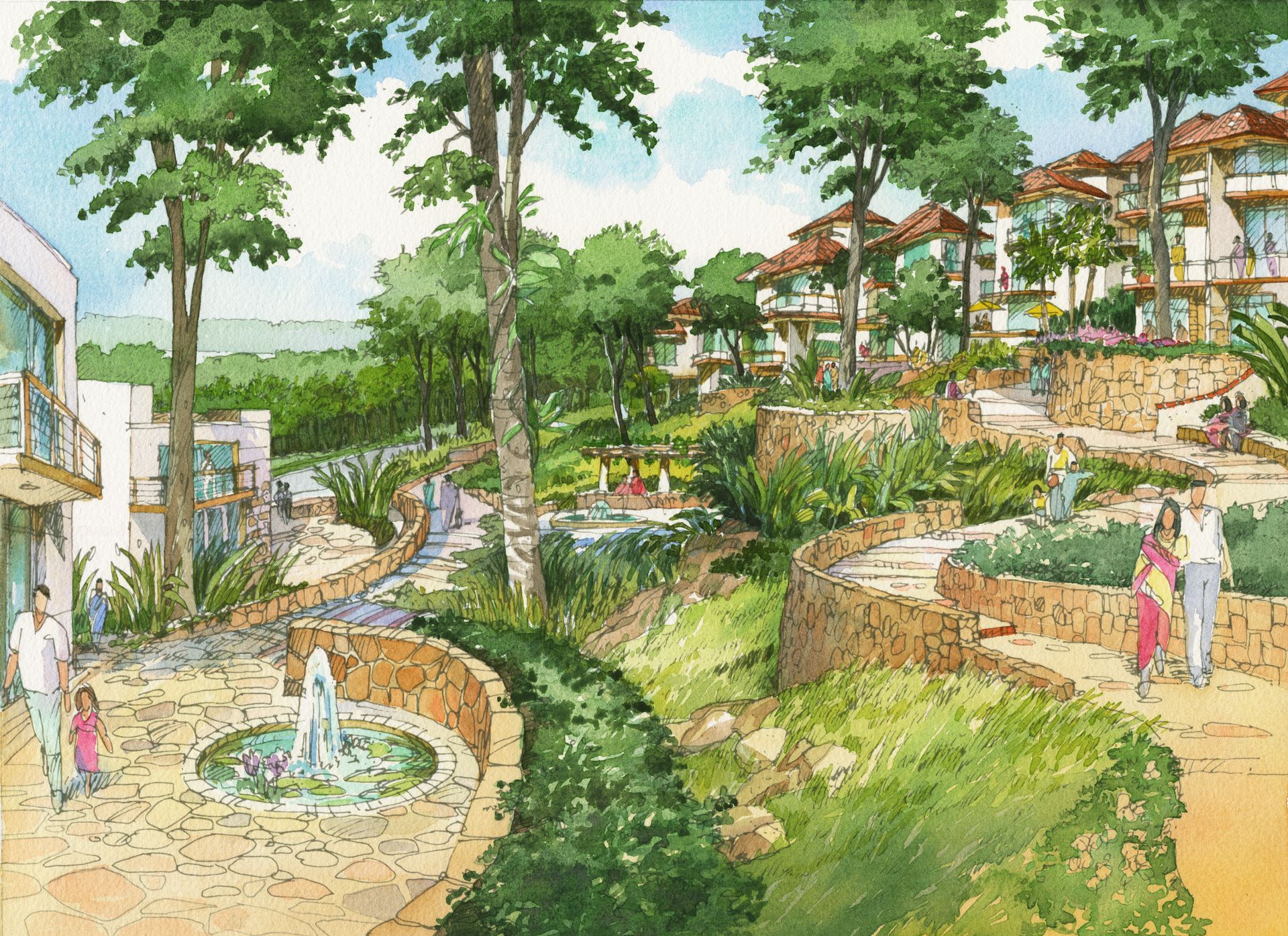 An artist 's impression of a park with a fountain