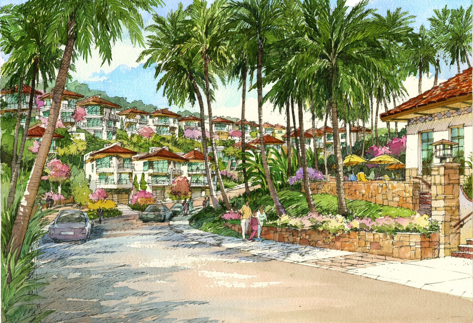 An artist 's impression of a tropical resort with palm trees