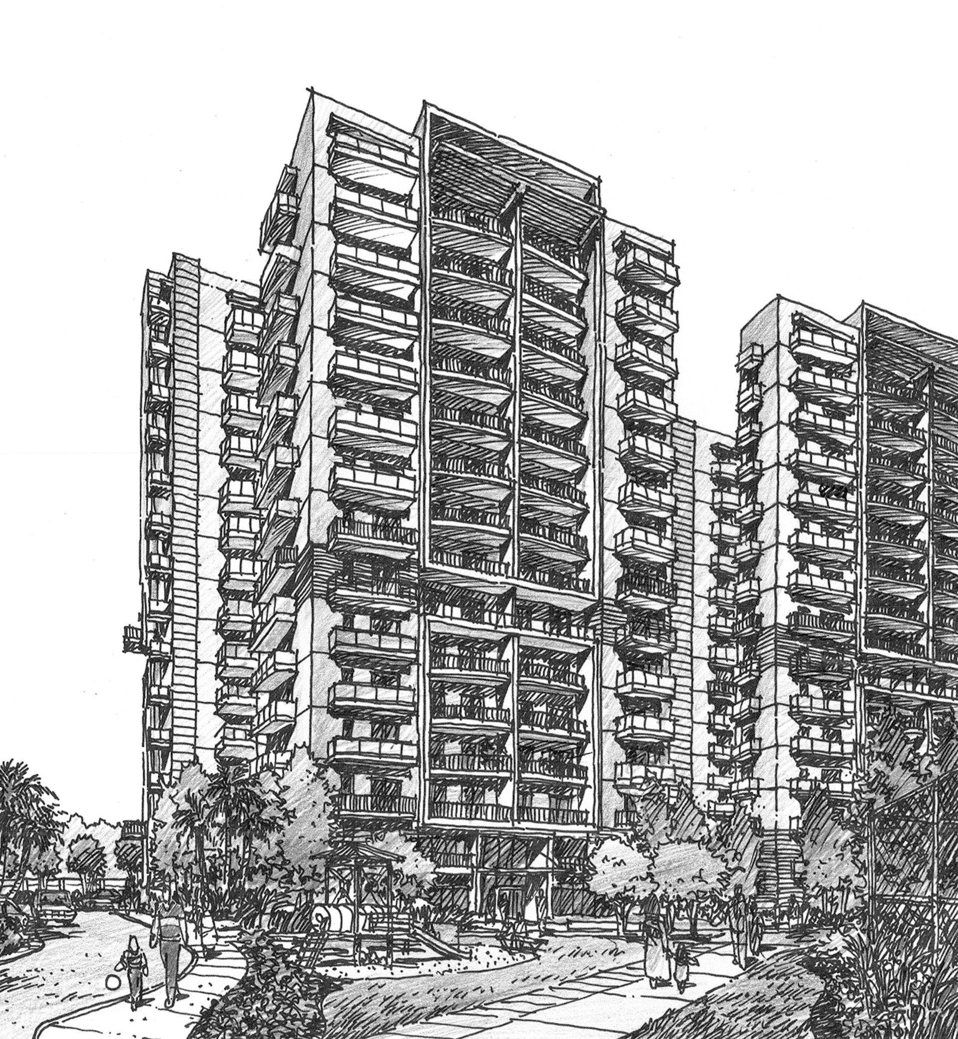A black and white drawing of a tall building surrounded by trees.