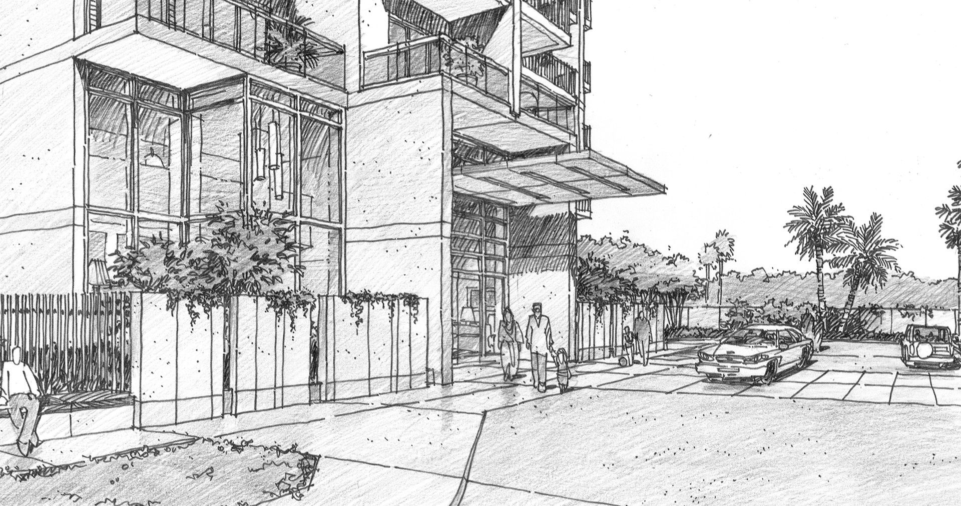 A black and white drawing of a building with cars parked in front of it.