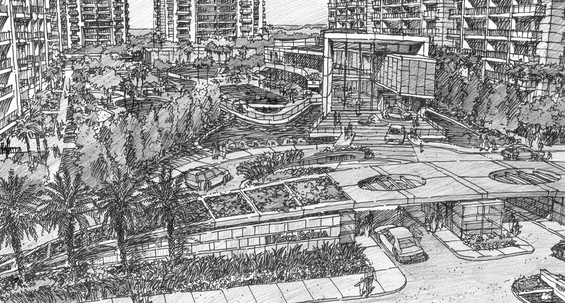 A black and white drawing of a city with a lot of buildings and trees.