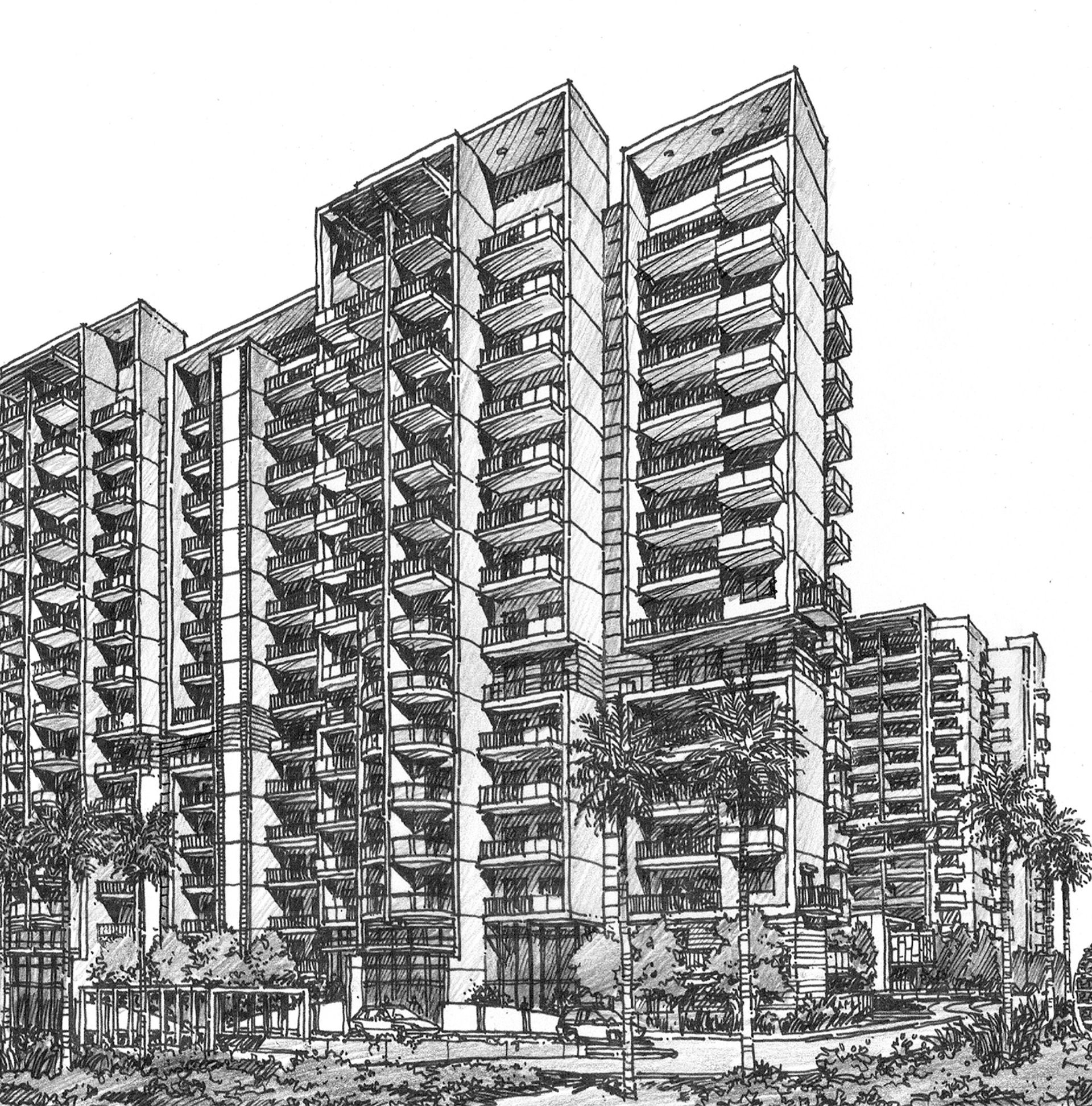 A black and white drawing of a tall building with lots of balconies.