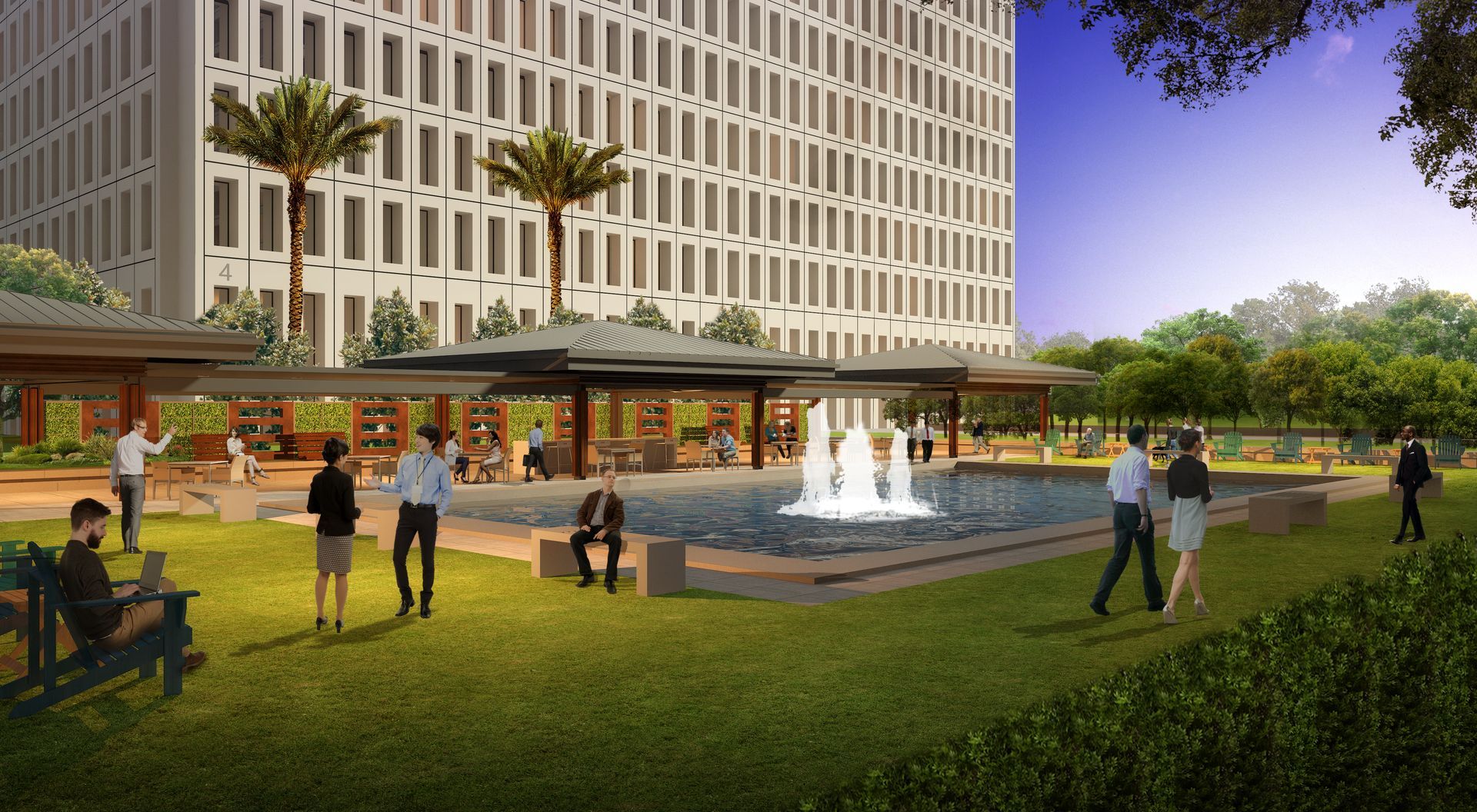 A group of people are standing around a fountain in front of a building.