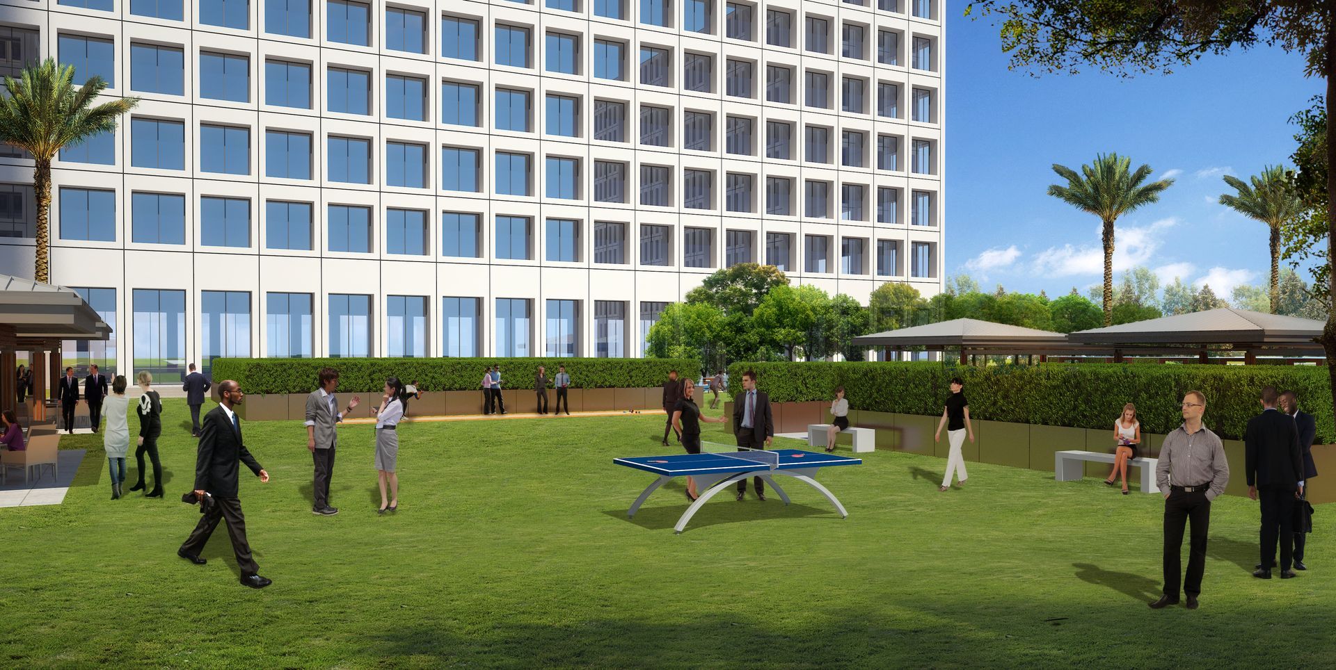 A group of people are standing around a ping pong table