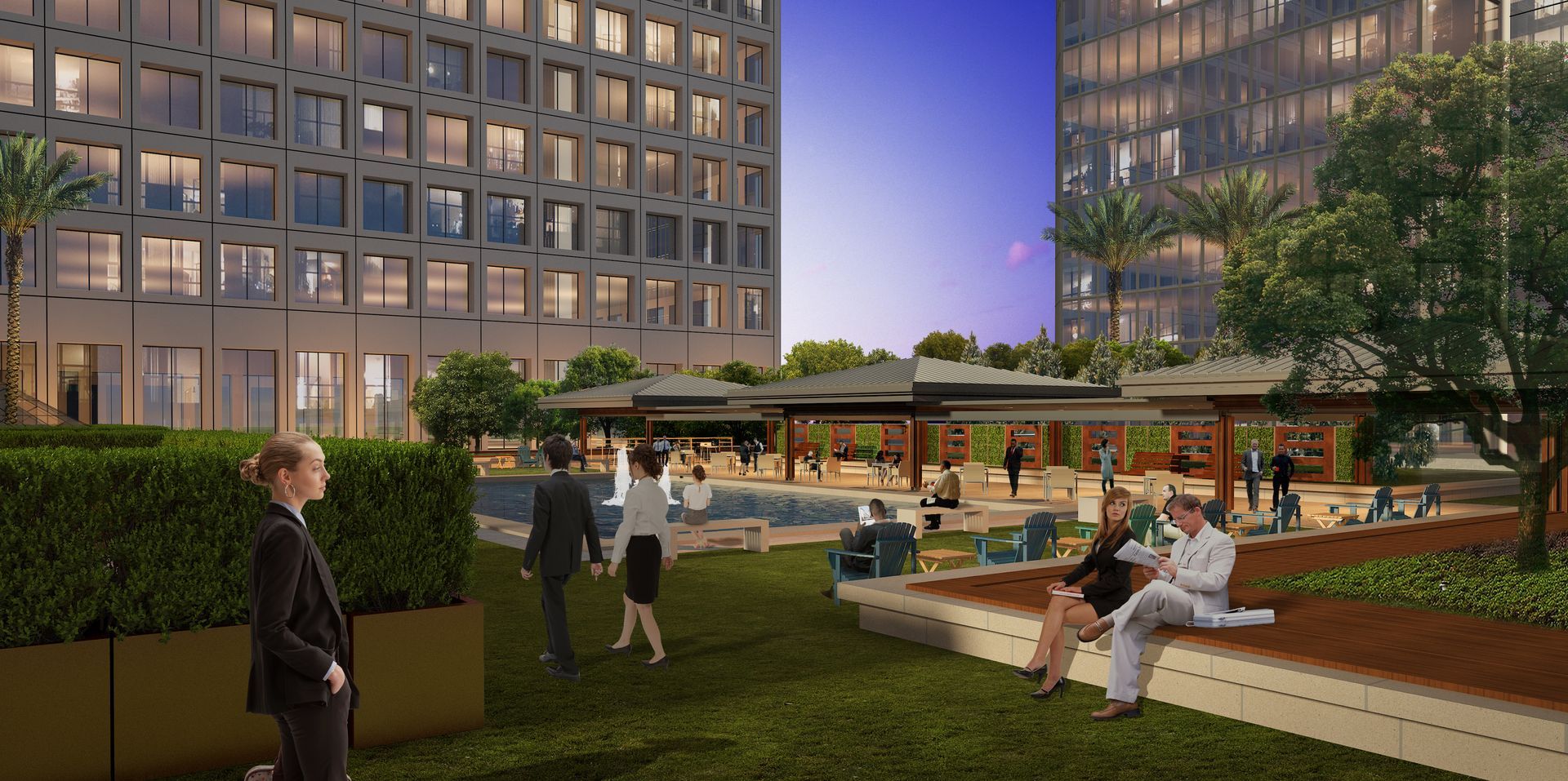 A group of people are standing in a park in front of a building.