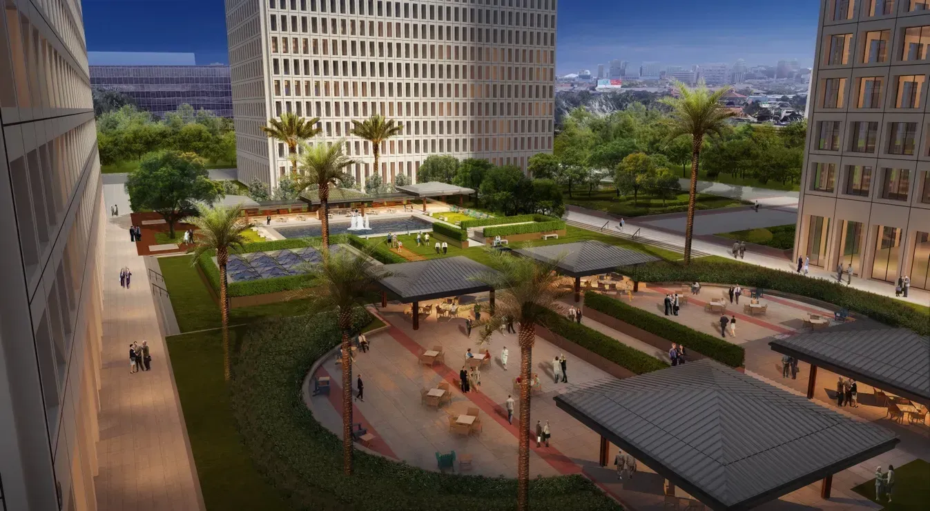 An artist 's impression of a park surrounded by tall buildings.