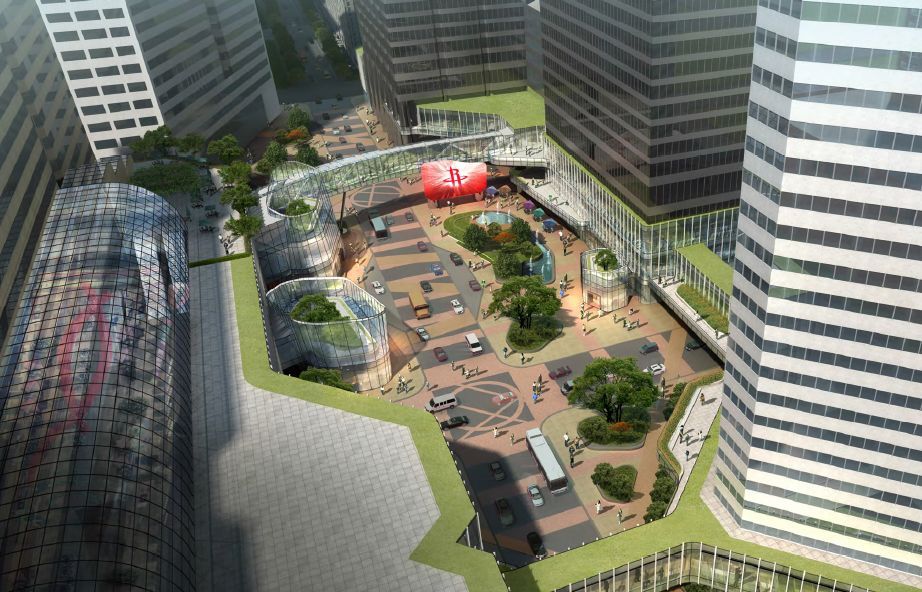 An aerial view of a city with lots of buildings and trees