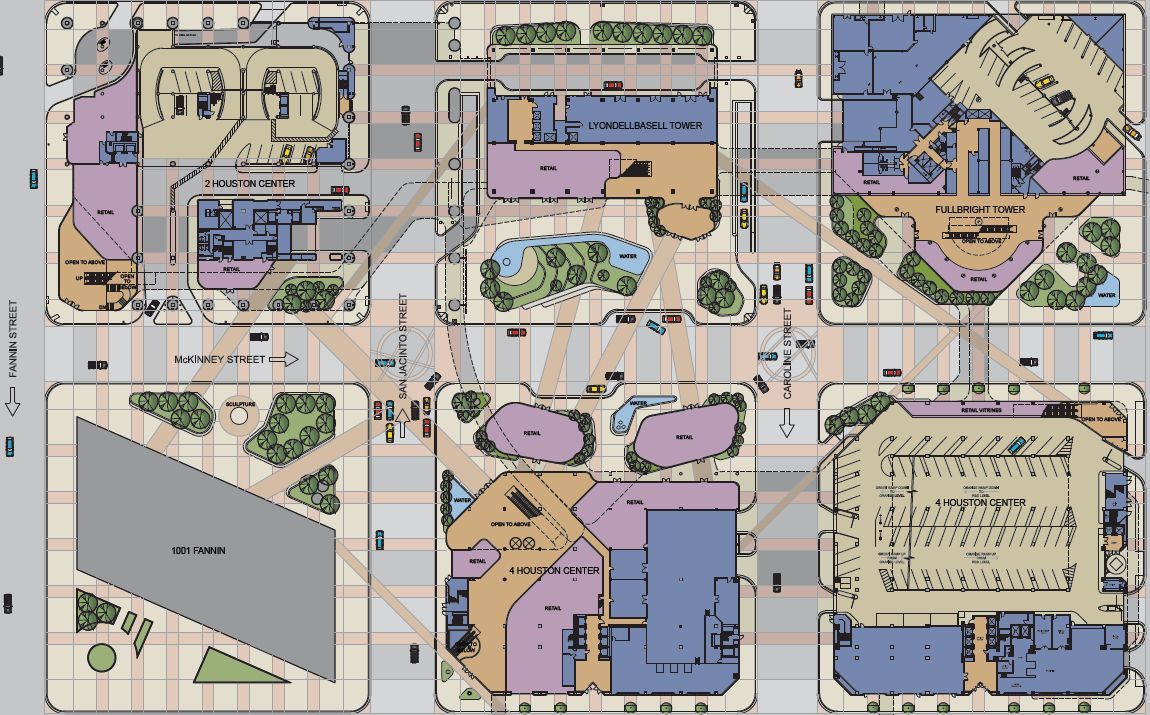 A drawing of a city with lots of buildings and trees