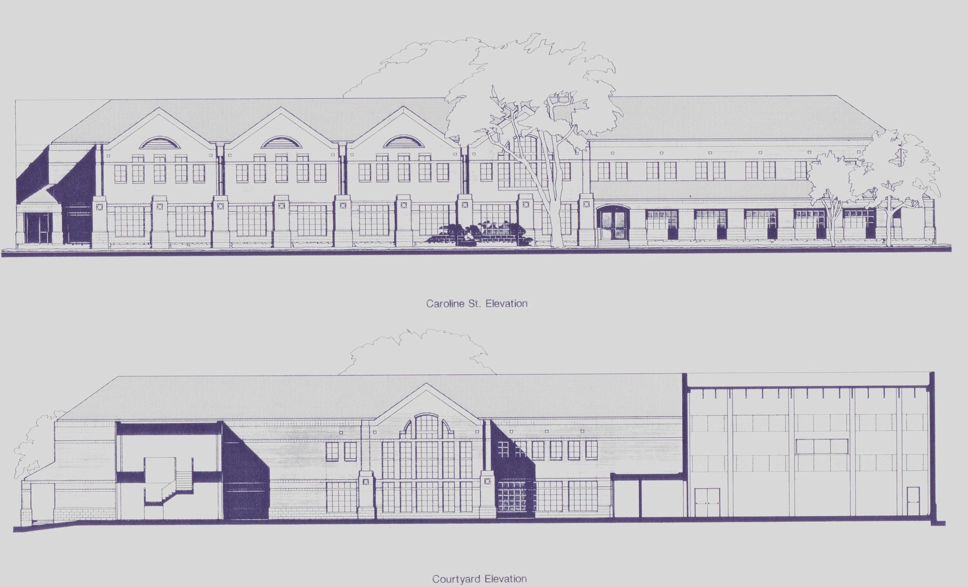 A black and white drawing of a large building