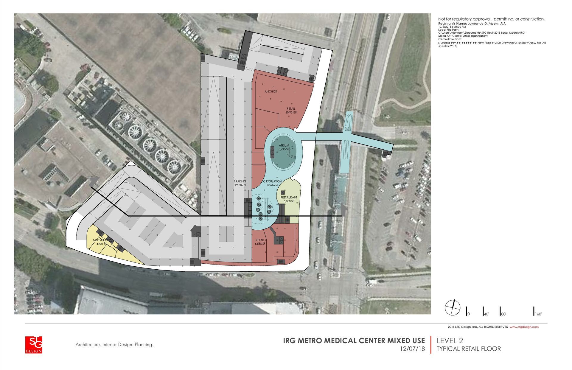 An aerial view of a building with a red circle in the middle
