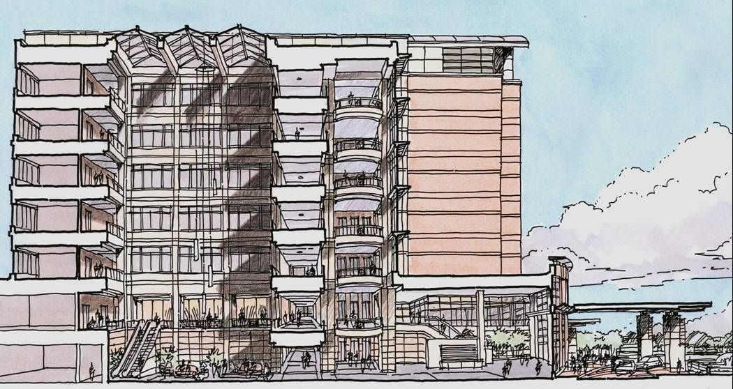 A drawing of a building with a lot of windows