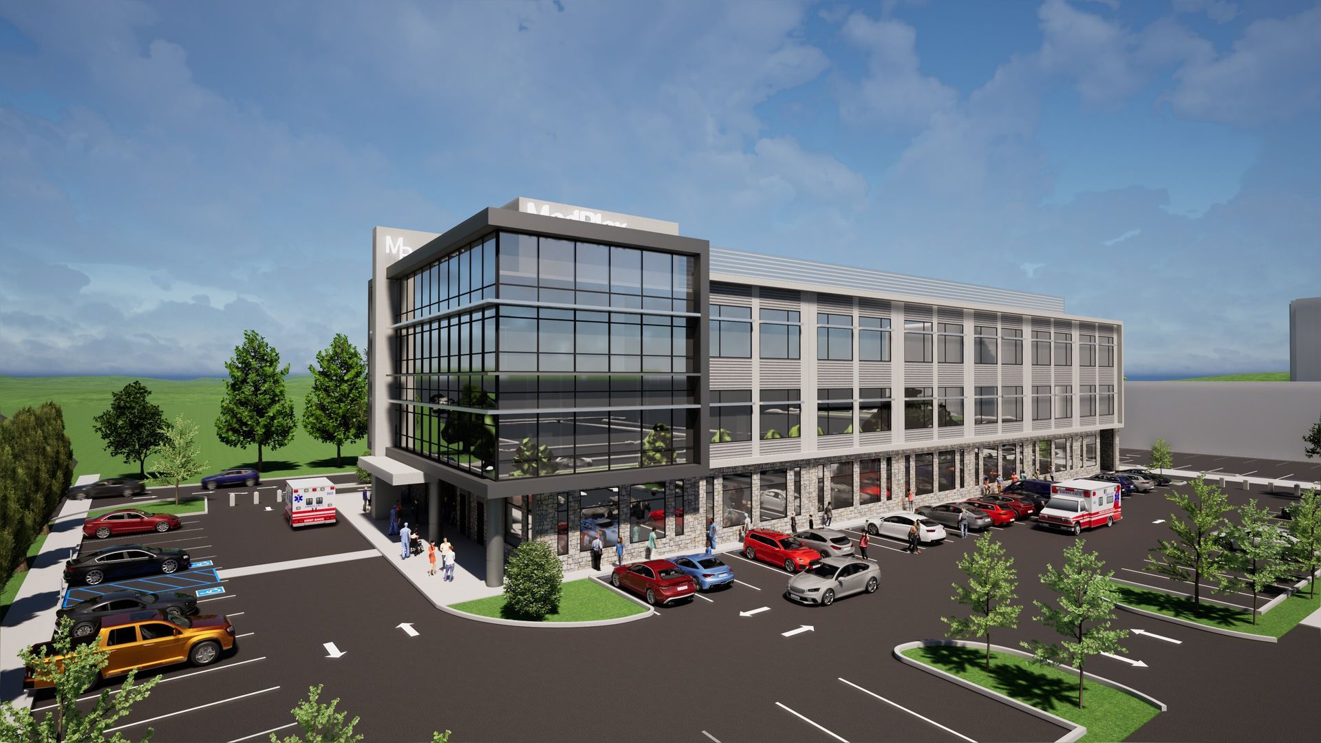 An artist 's impression of a large building with a parking lot in front of it.