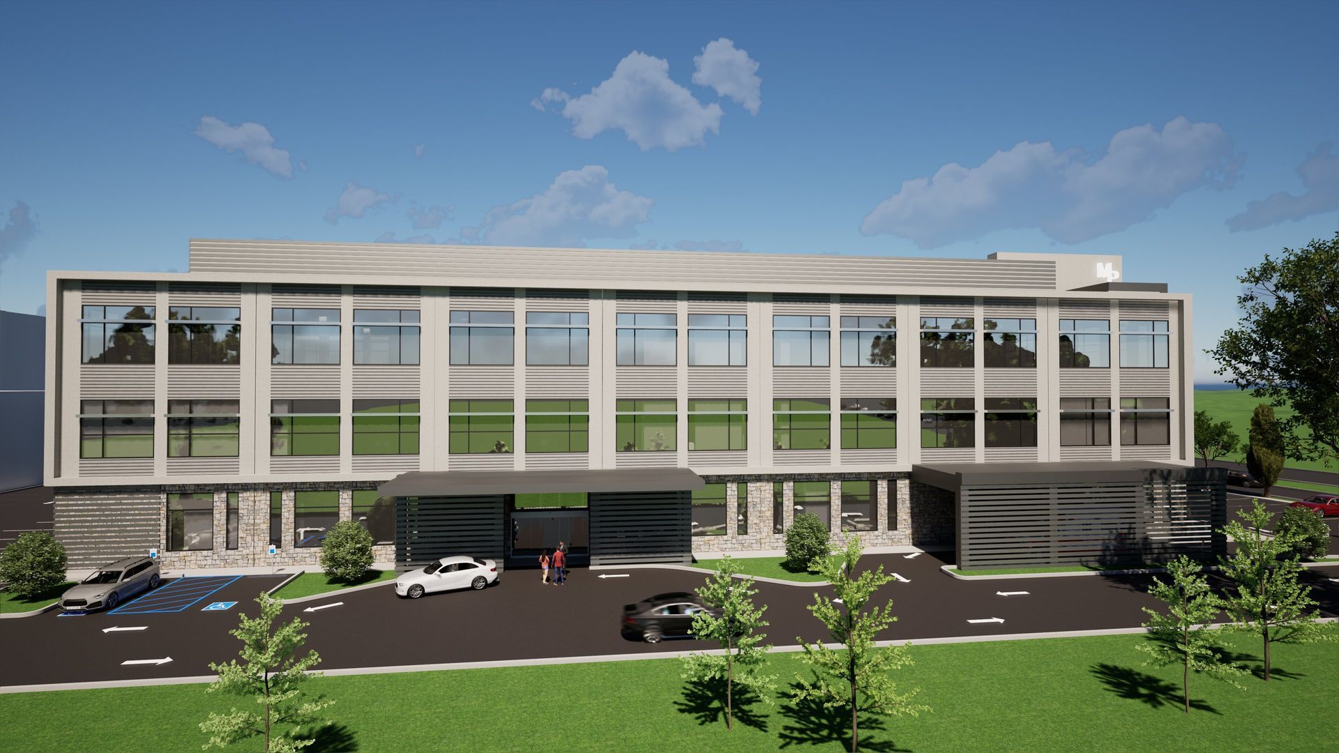 An artist 's impression of a large building with cars parked in front of it.