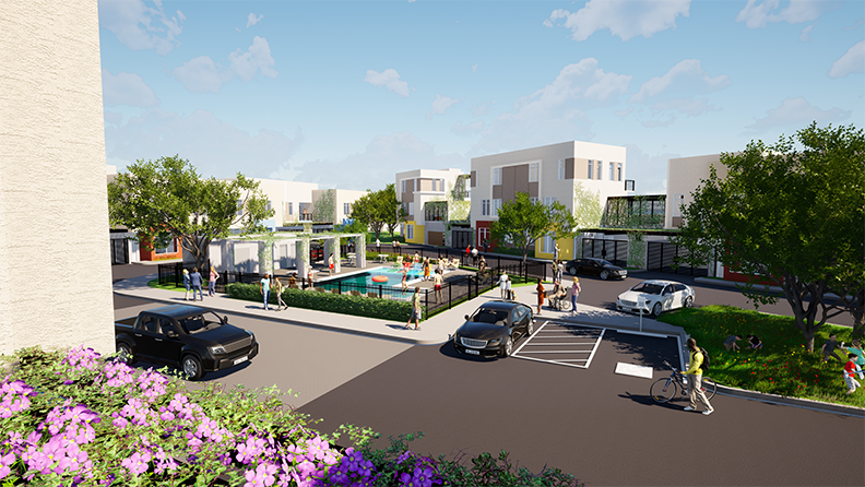 An artist 's impression of a new apartment complex with cars parked in front of it.