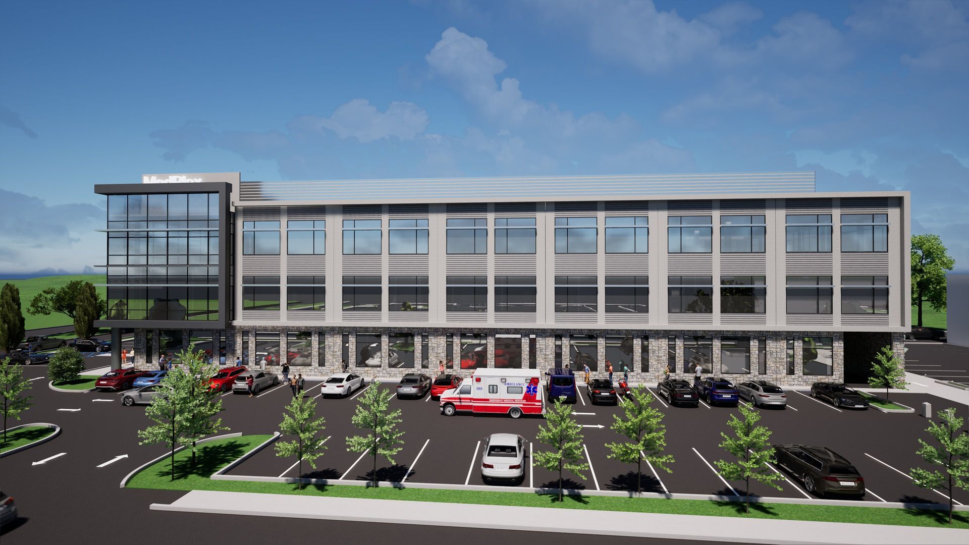 An artist 's impression of a large building with a parking lot in front of it.